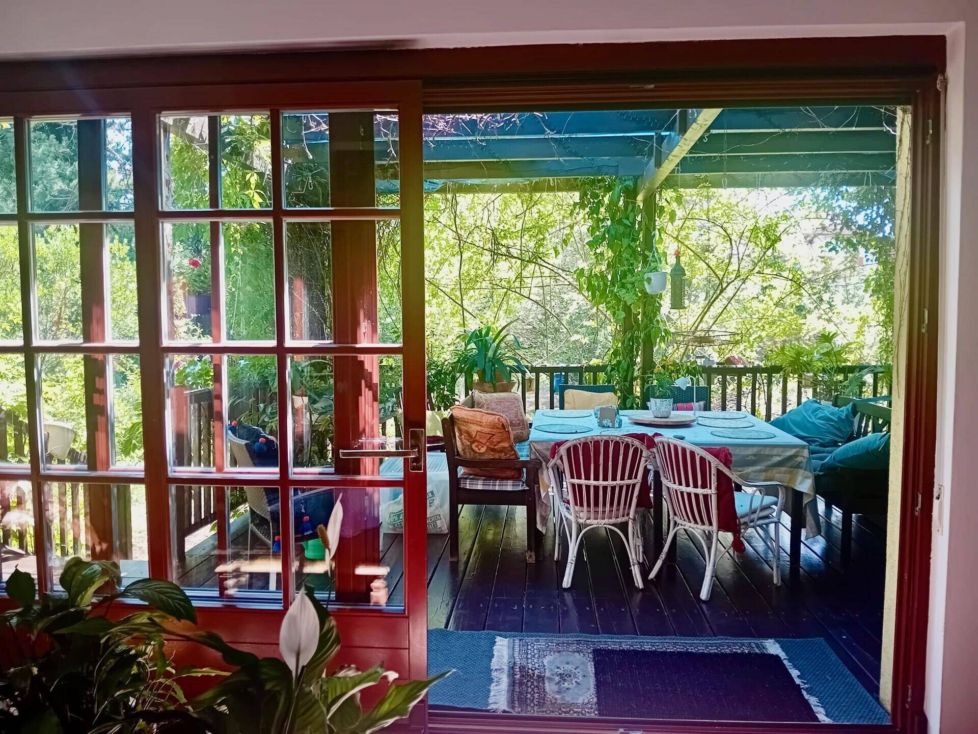 Blick von innen auf die überdachte Terrasse mit Esstisch und üppiger Vegetation.