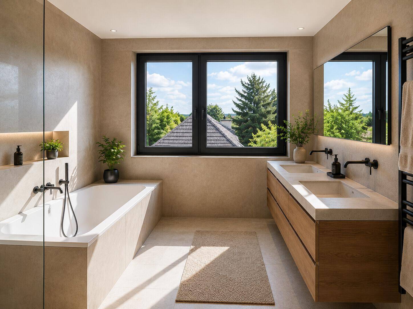 Modernes Badezimmer mit Badewanne, Doppelwaschbecken, großem Fenster und Blick ins Grüne.