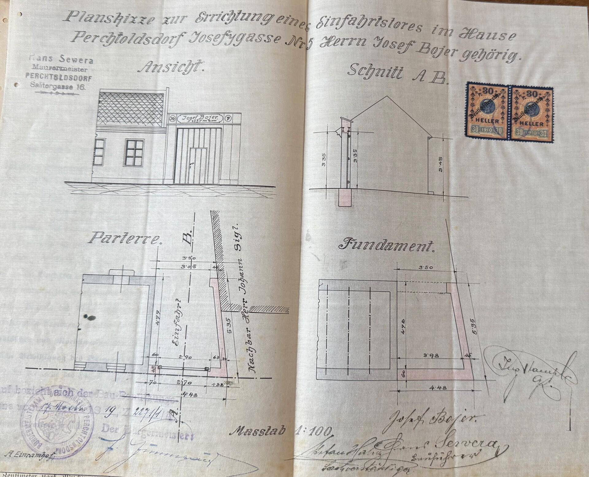Historische Baupläne mit Ansicht, Schnitt und Grundriss des Erdgeschosses.