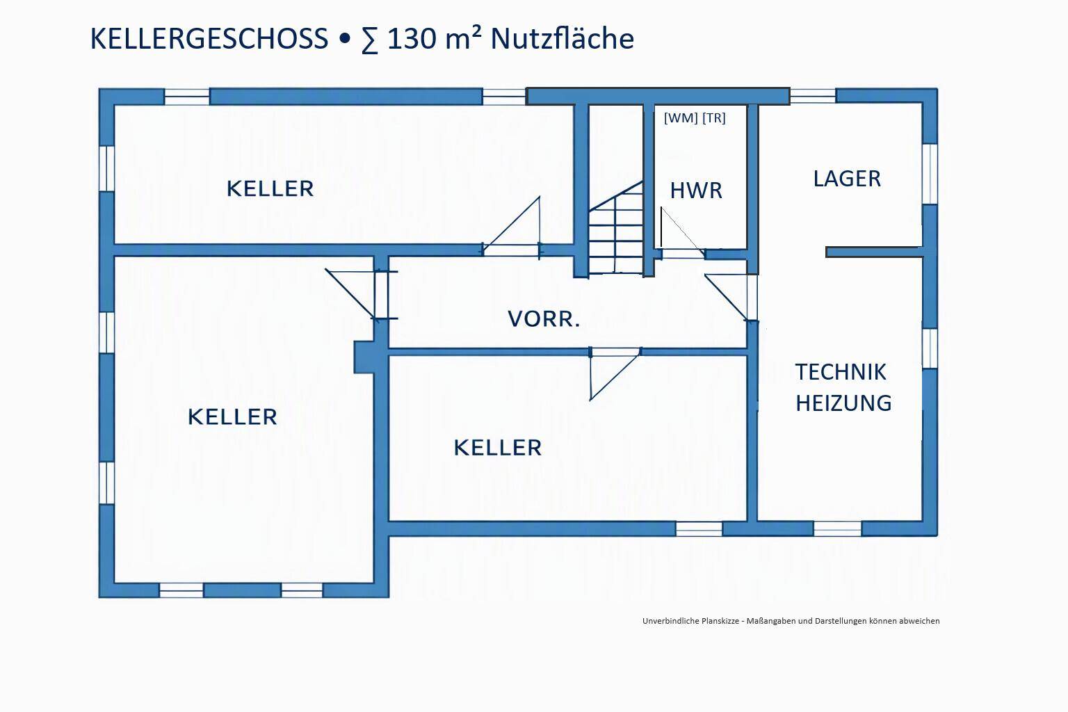Grundriss des Kellergeschosses mit verschiedenen Kellerräumen und Technikbereich.