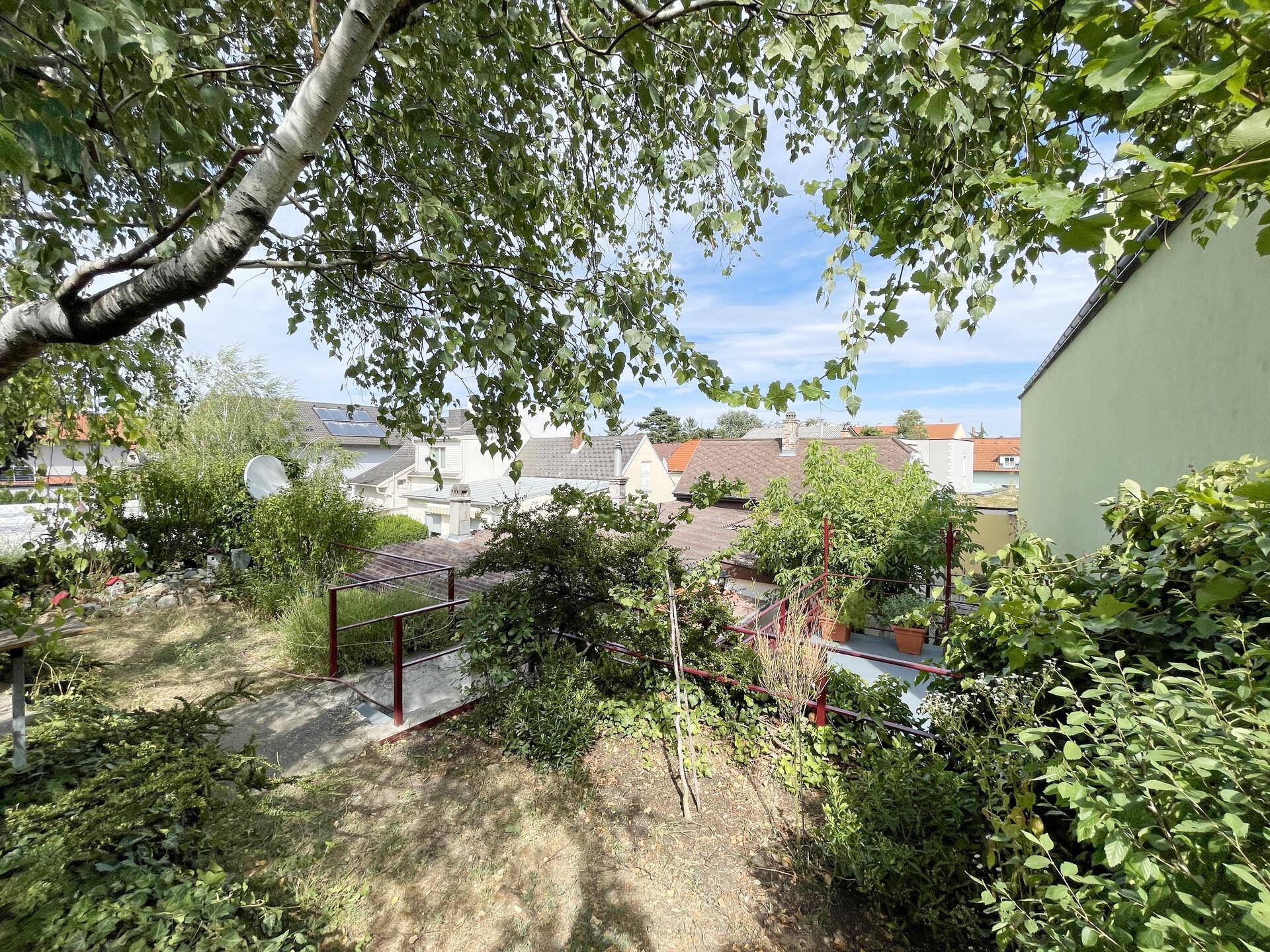 Grüner Gartenbereich mit Bäumen und weitem Blick über die Dächer der Nachbarschaft.