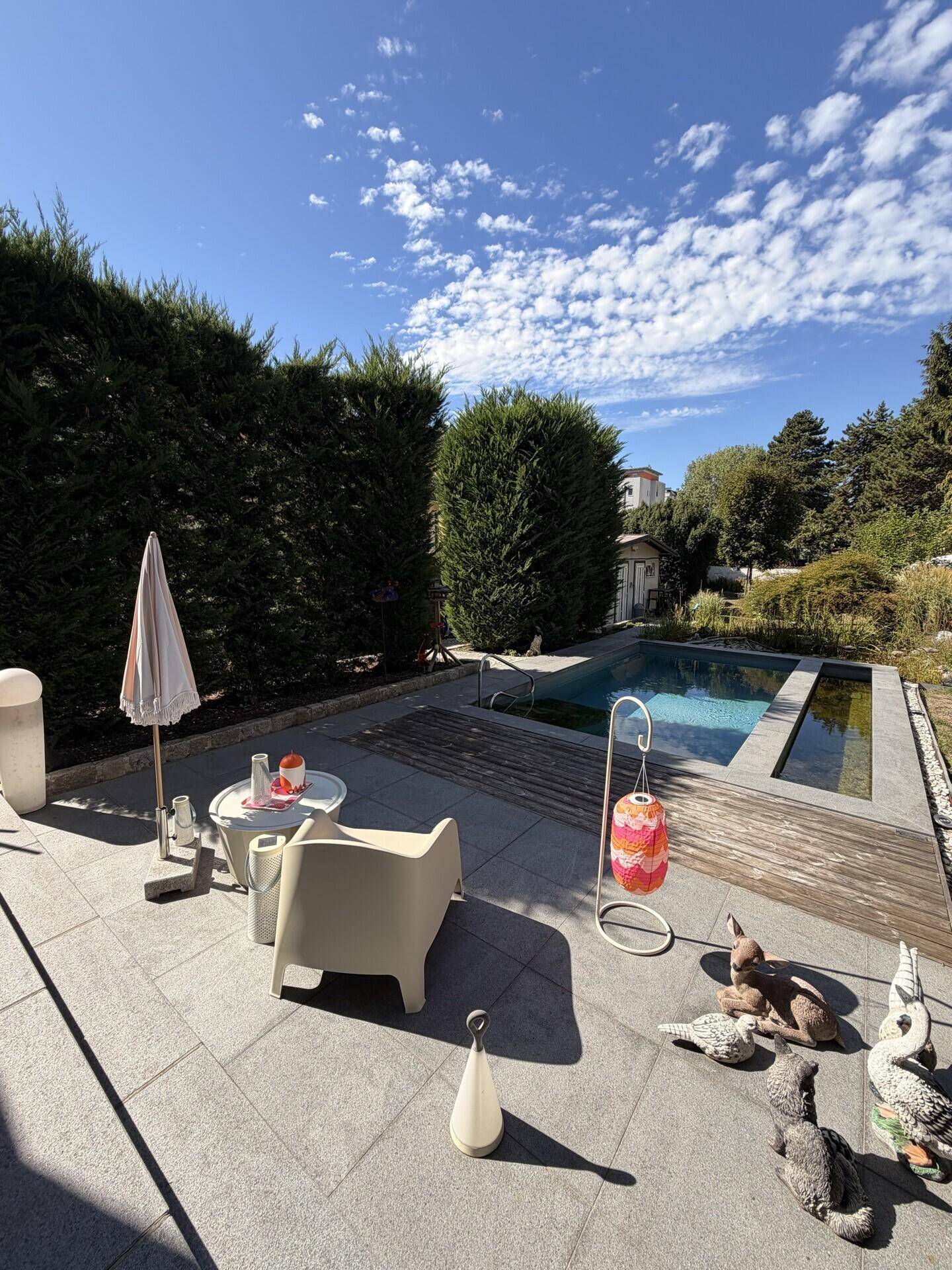 Sonniger Poolbereich mit Liegeflächen, Sitzgelegenheiten und hohen Hecken.