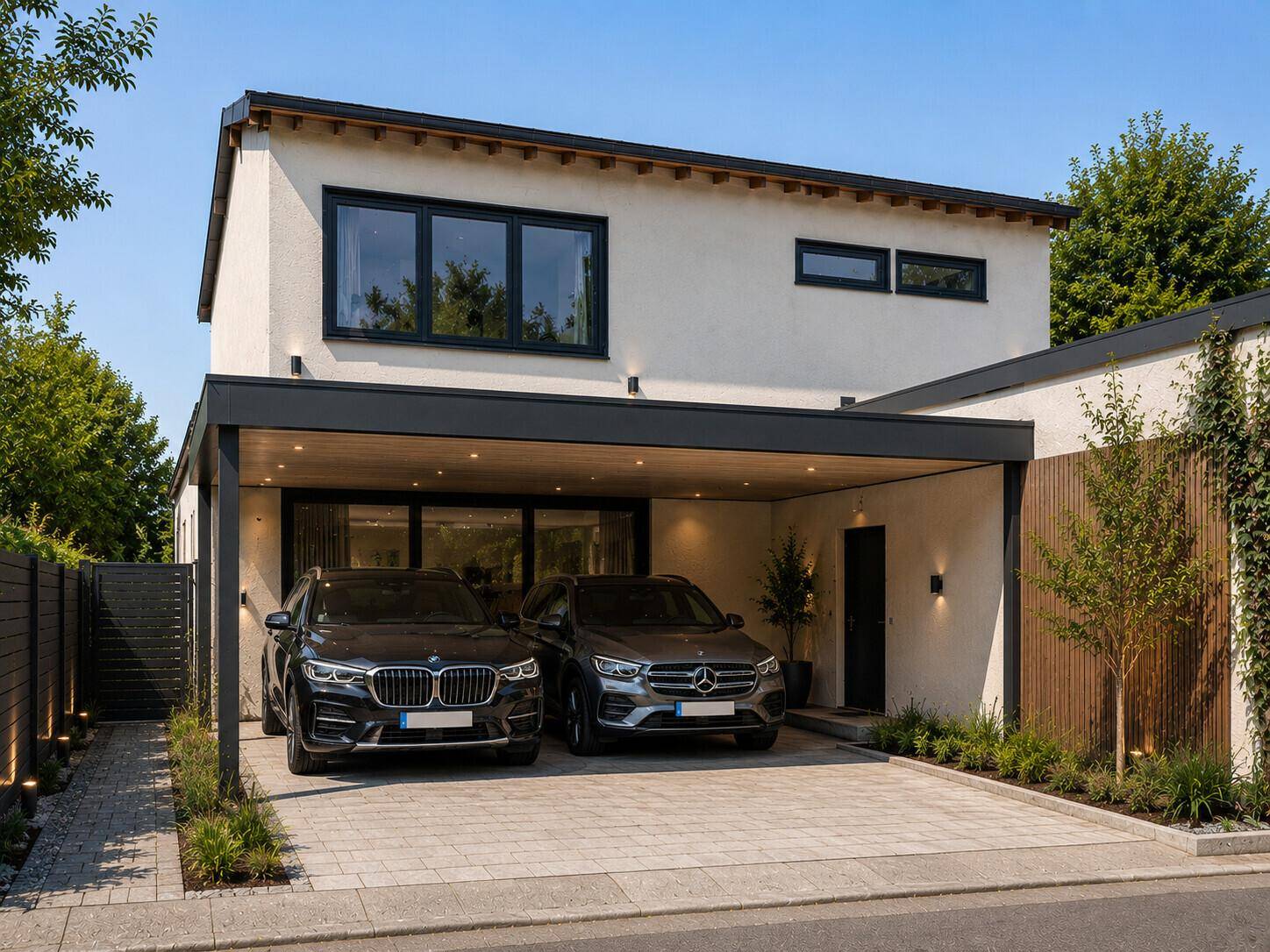 Modernes Haus mit überdachtem Carport für zwei Fahrzeuge und gepflasterter Einfahrt.