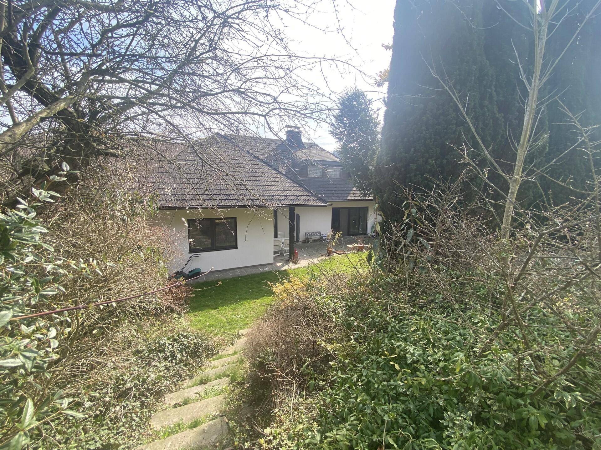 Blick auf die Rückseite des Hauses und den Garten, umgeben von Bäumen und Sträuchern.