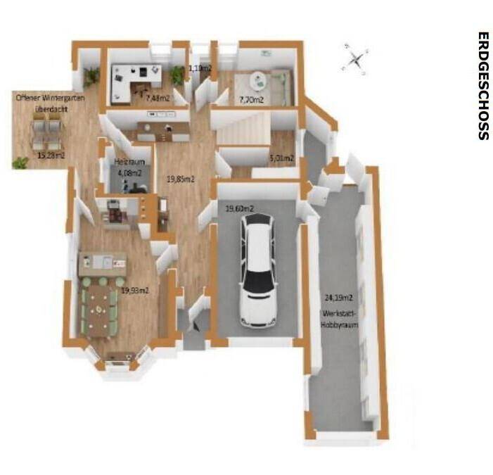 Grundriss des Erdgeschosses mit offenem Wohnbereich, Garage und überdachtem Wintergarten.