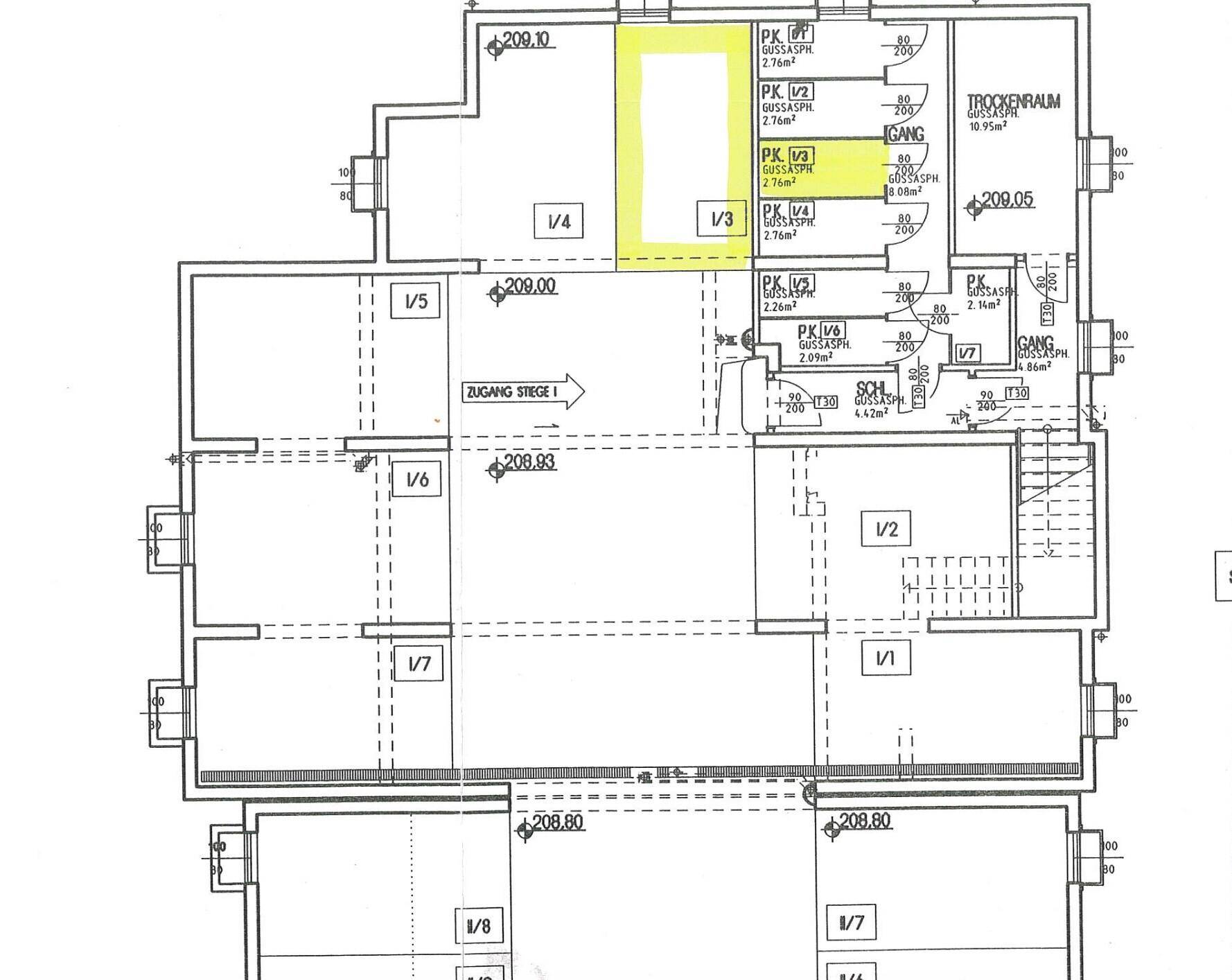 Grundrissplan eines Kellergeschosses mit Trockenraum und mehreren Abstellbereichen (PK-Einheiten).