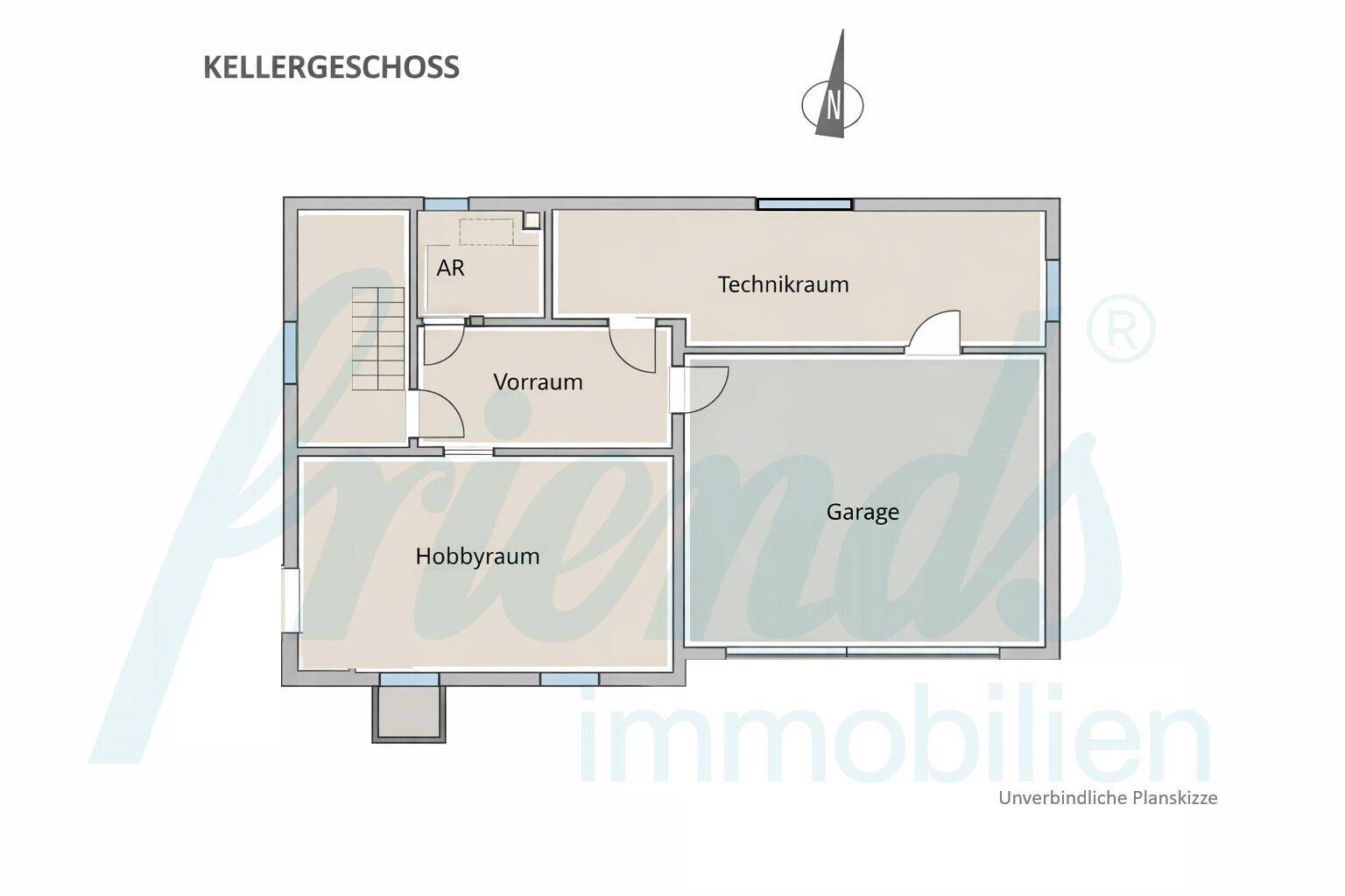 Grundriss des Kellergeschosses mit Garage, Hobbyraum, Technikraum und Abstellraum.