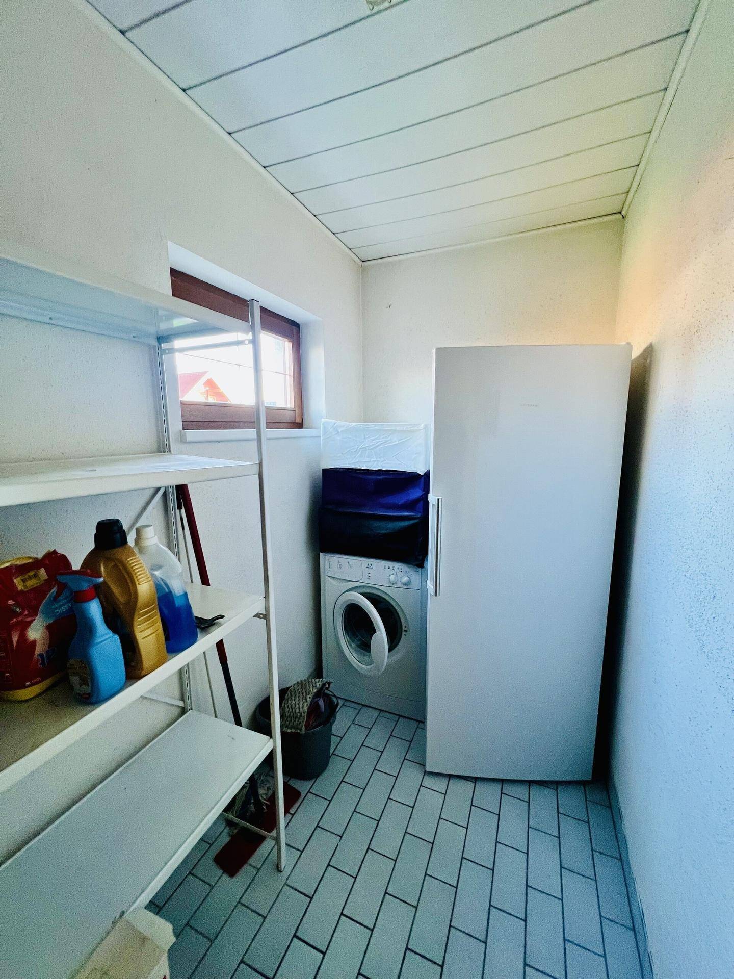 Hauswirtschaftsraum mit Waschmaschine, Kühlschrank und Regalen für Lagerung.