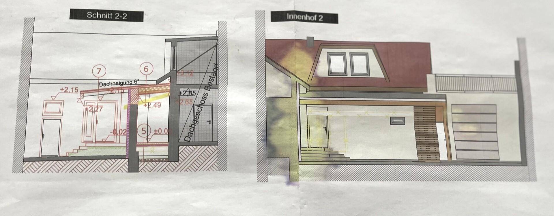 Schnittzeichnungen zeigen die vertikale Struktur des Gebäudes und den Innenhofbereich.