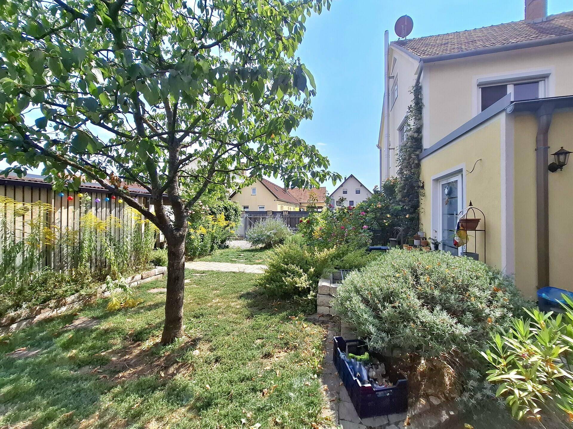 Großer, grüner Garten mit Rasenfläche und Bäumen, ideal zum Entspannen im Freien.