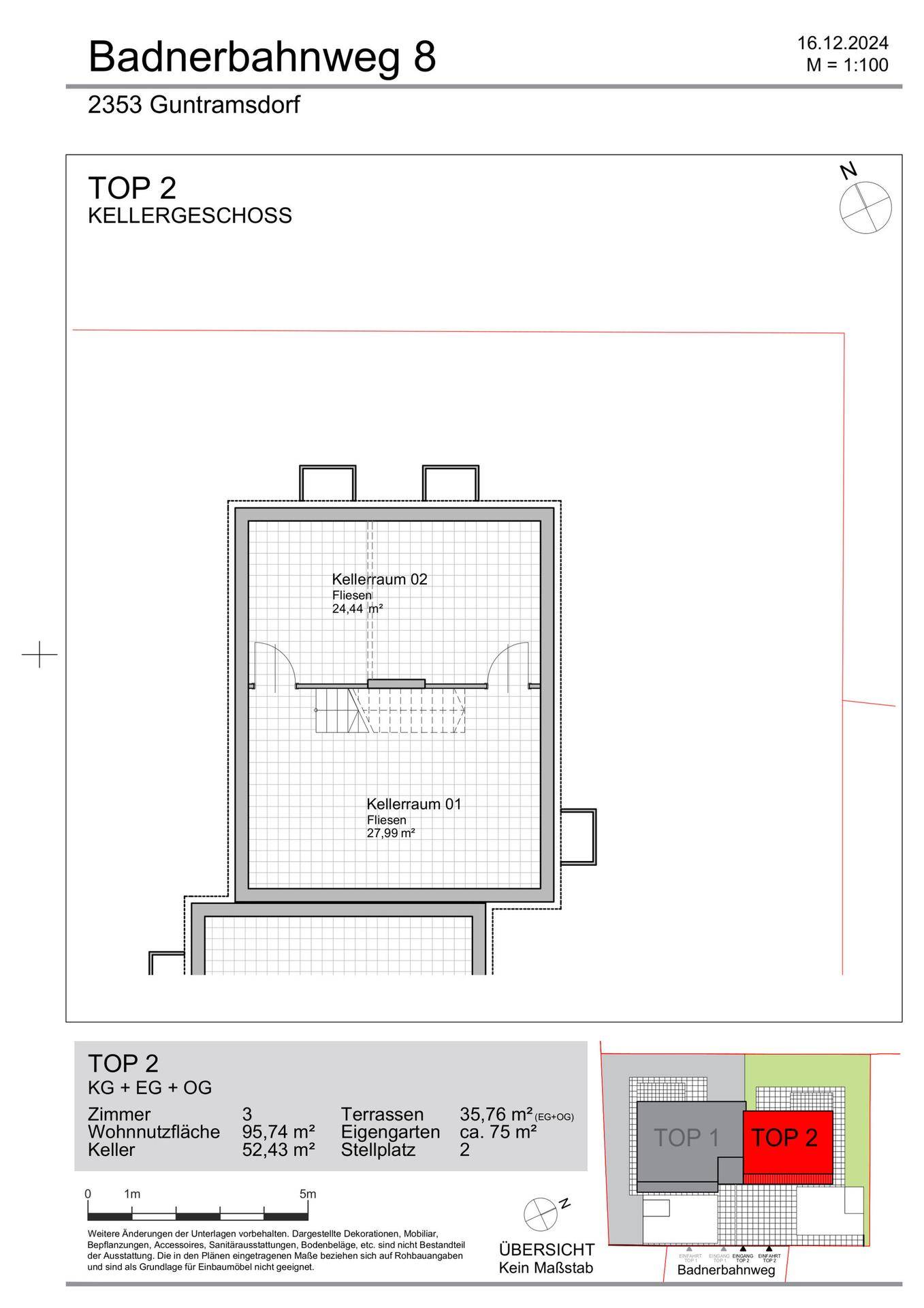 Grundriss des Kellergeschosses mit zwei Kellerräumen und Treppenhaus.