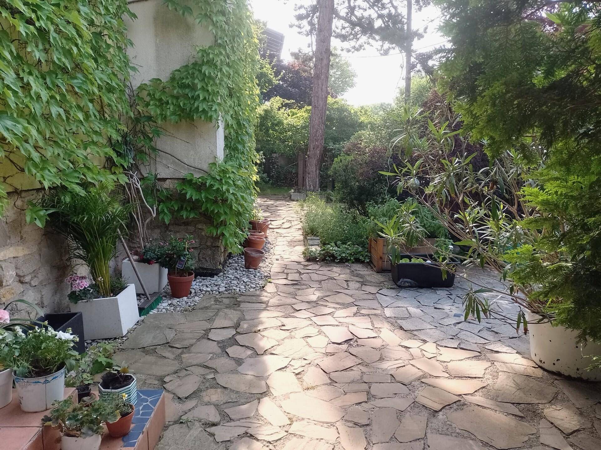 Steinweg führt durch einen üppigen Garten mit Kletterpflanzen an der Hauswand, sonnige Atmosphäre.