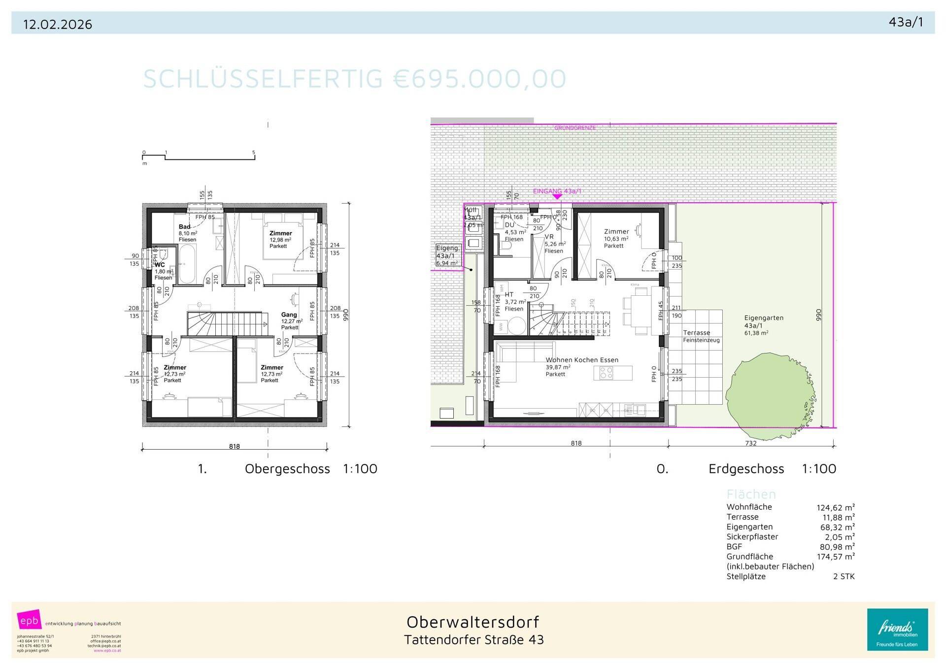 Grundriss für Haustyp 43a/1 mit Erdgeschoss und Obergeschoss, inklusive Garten und Terrasse.