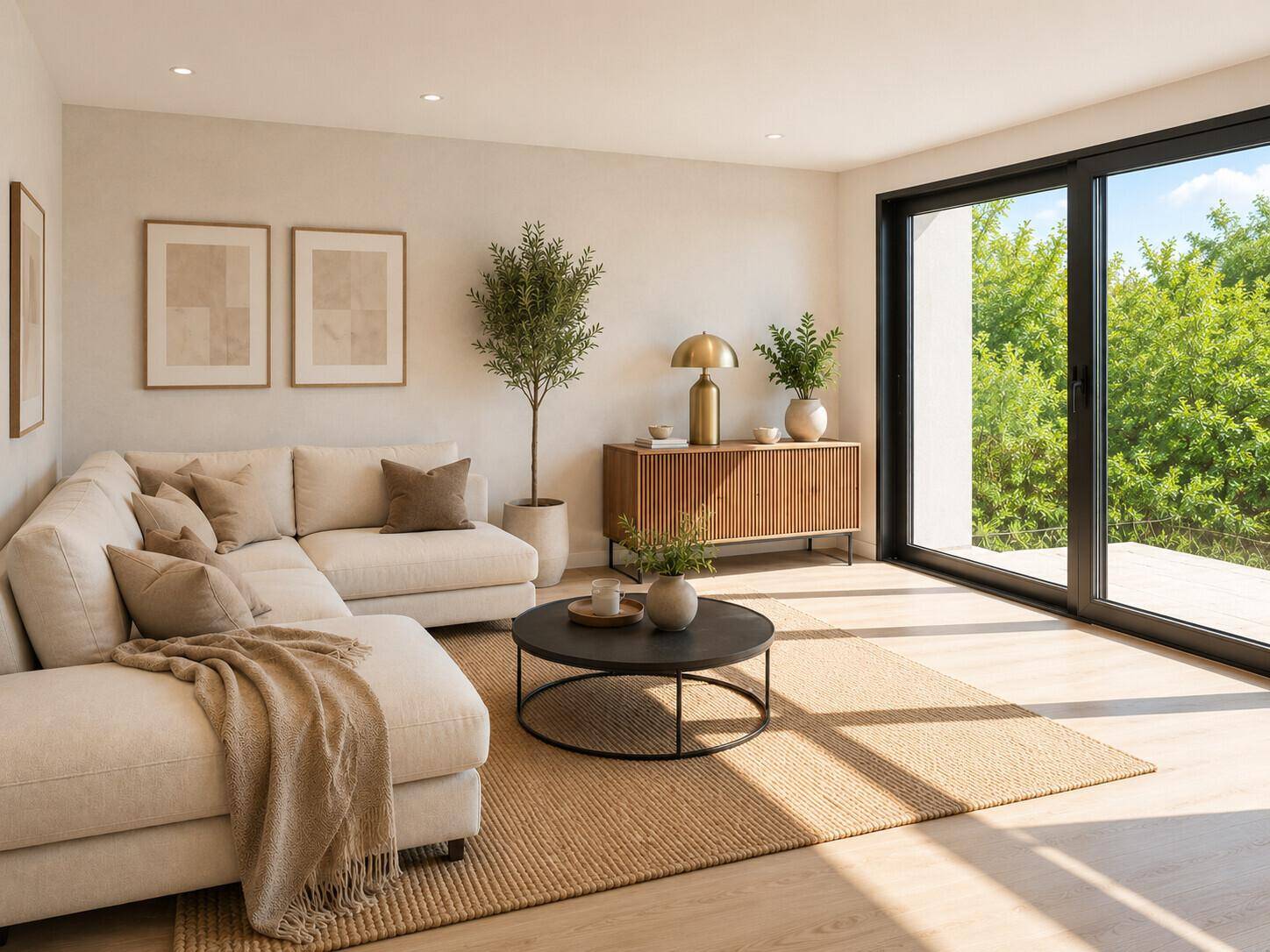 Helles, modern eingerichtetes Wohnzimmer mit großem Sofa, Holzboden und Zugang zur Terrasse mit viel Grün.