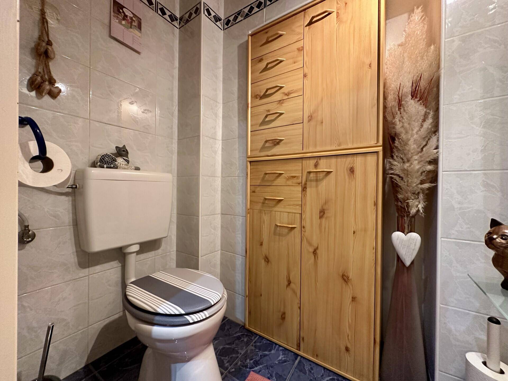 Kleines Gäste-WC mit hellblauen Fliesen, Toilette und einem hohen Holzschrank.