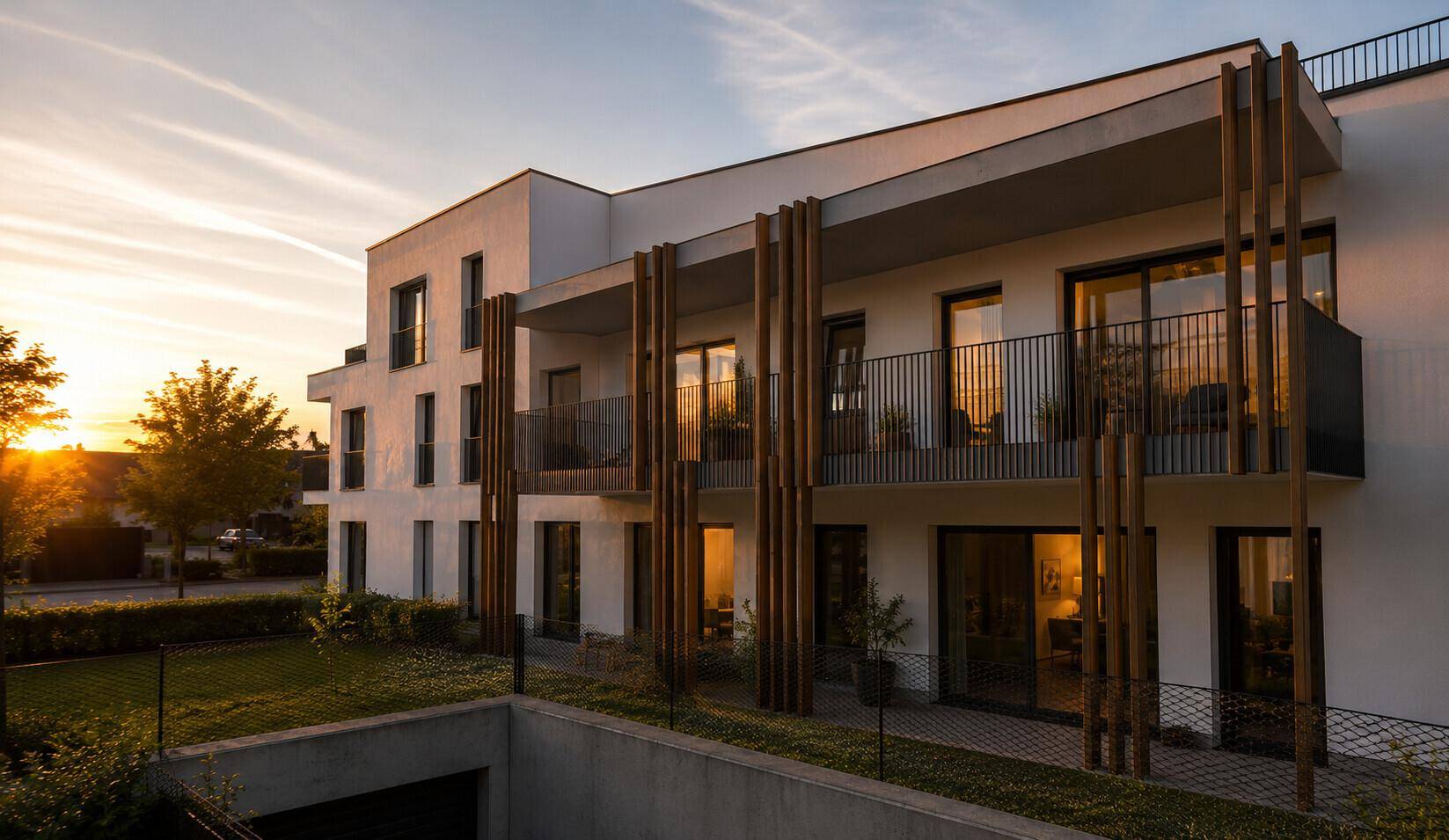 Moderne Fassade eines Wohngebäudes mit Balkonen und großen Fenstern bei Sonnenuntergang.