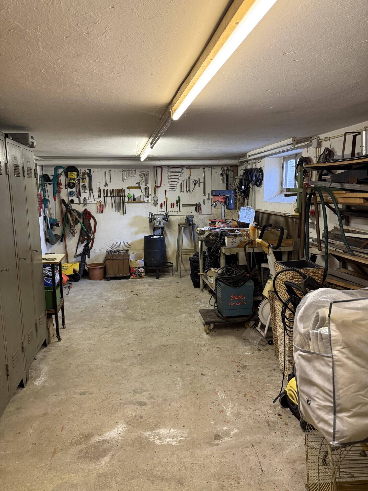 Geräumige Werkstatt im Keller mit vielen Werkzeugen, Lagerregalen und Arbeitsflächen.