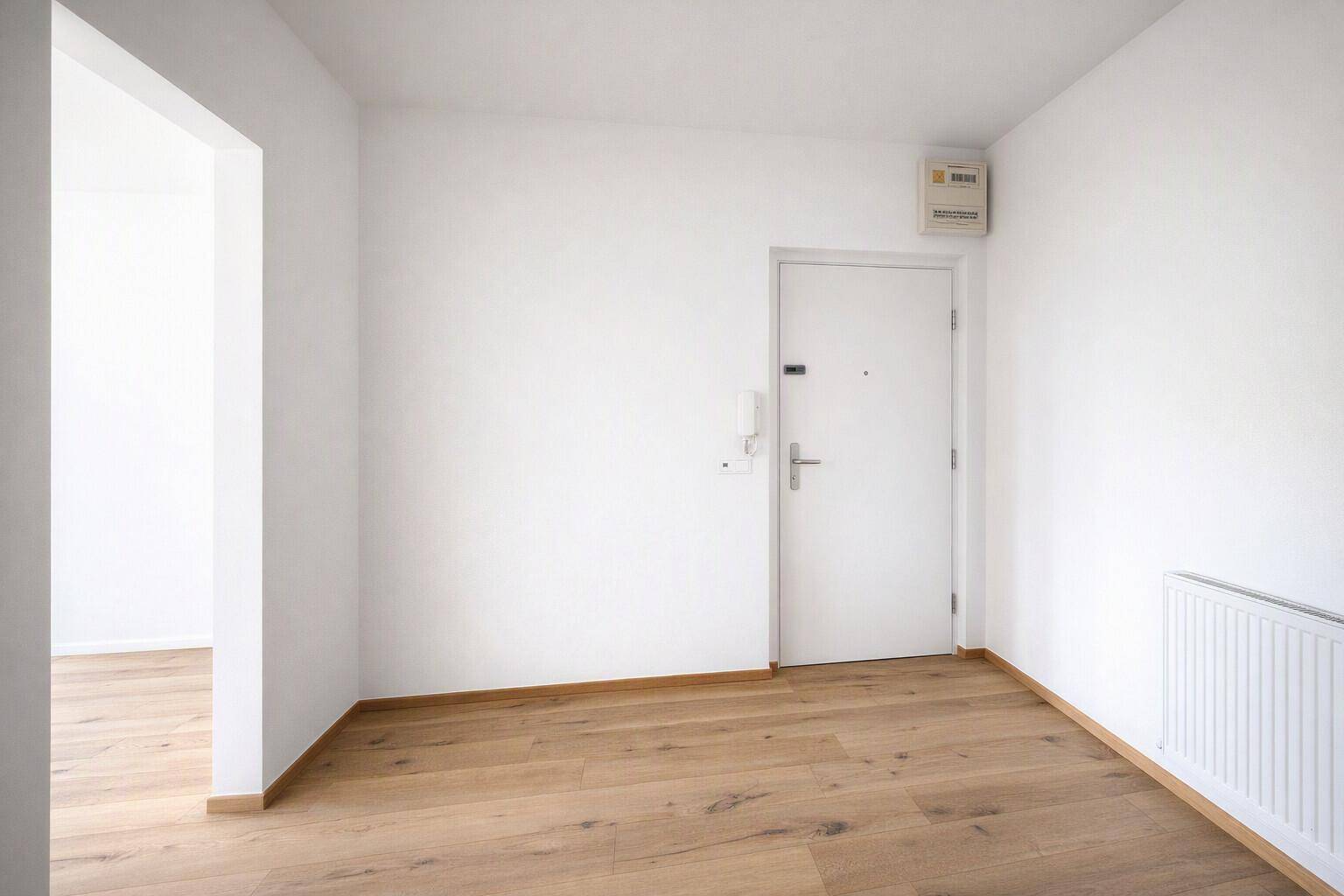 Eingangsbereich mit Holzboden, weiß gestrichenen Wänden und einer modernen Wohnungstür.
