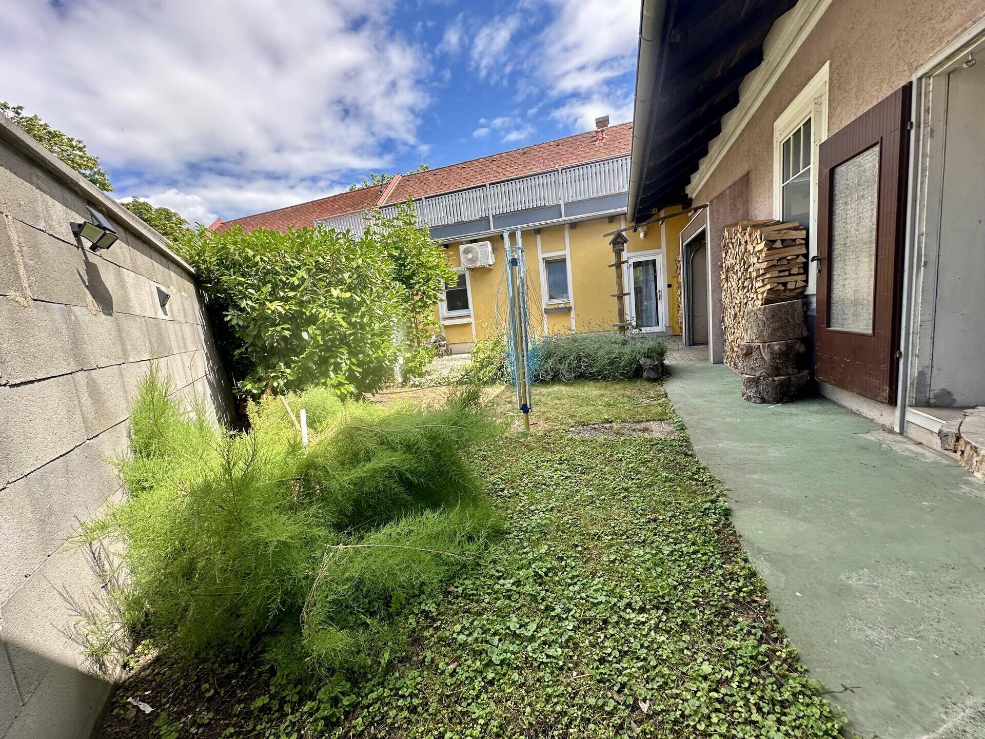Schmaler Gartenbereich zwischen Gebäude und Mauer mit grüner Bepflanzung.