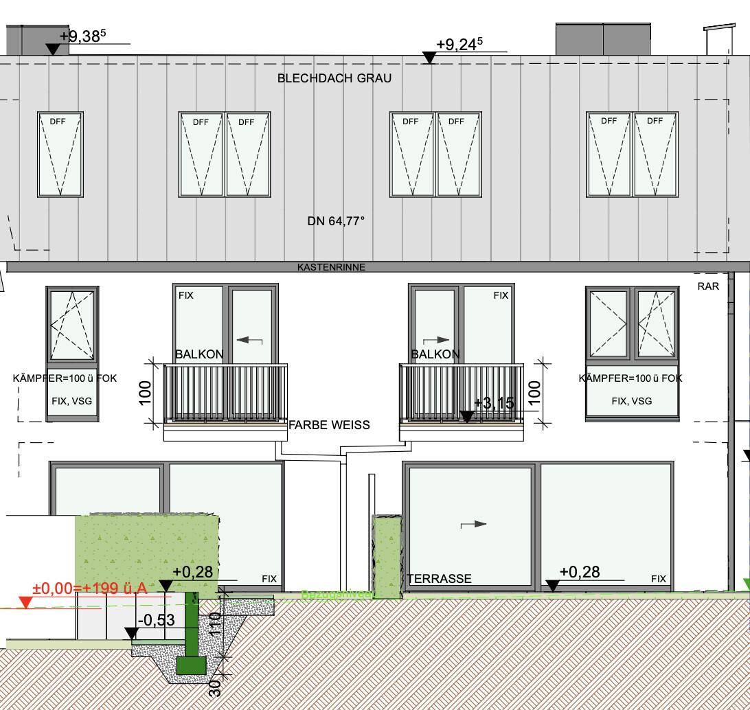 Architektonische Ansicht der Gebäudefassade mit Balkonen, Terrassen und großen Fenstern.