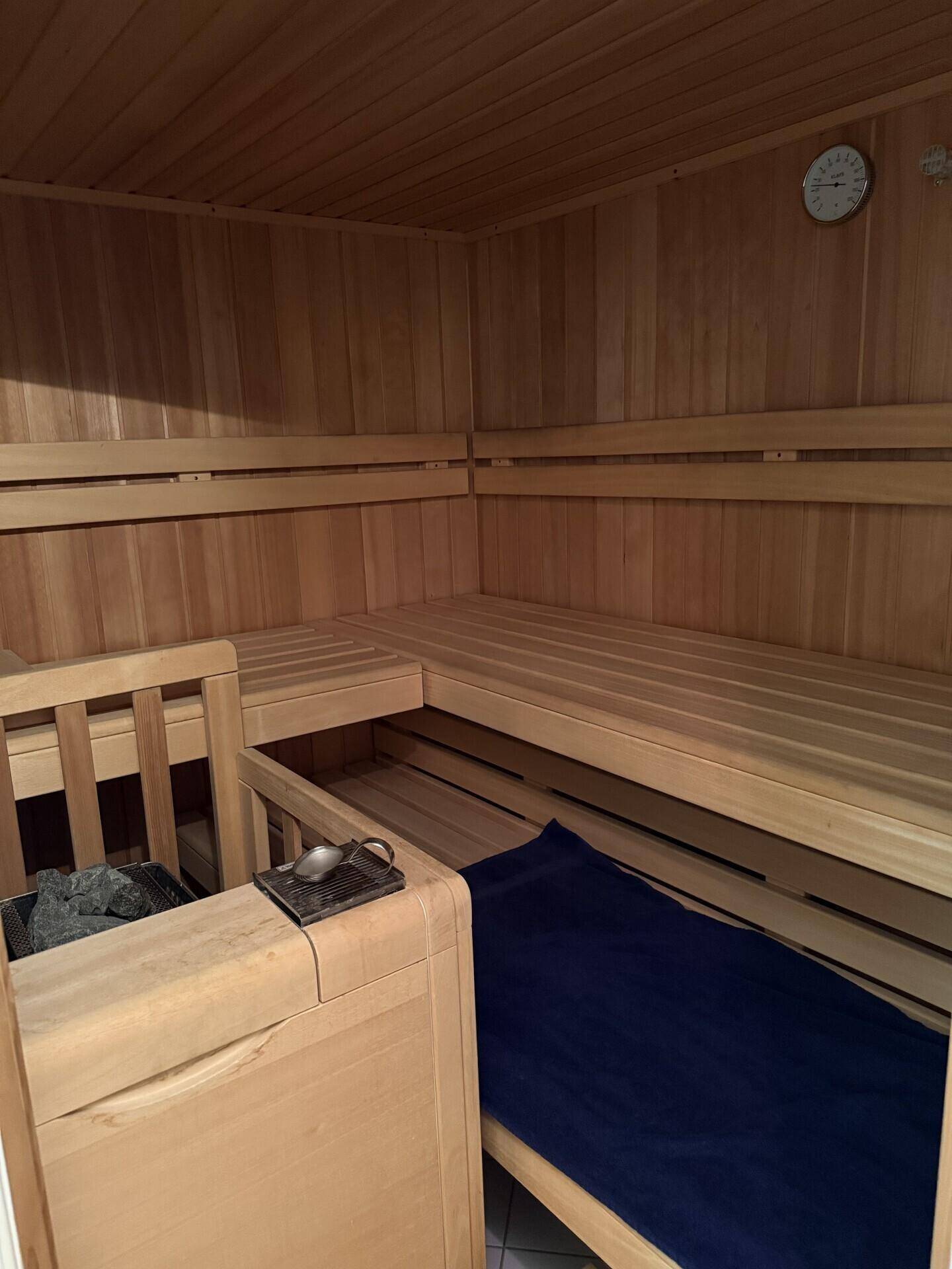 Holzvertäfelte Sauna mit Bänken und Heizofen für Entspannung.