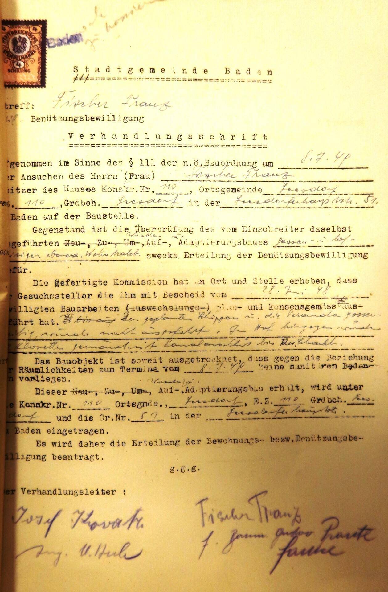 Verhandlungsschrift 1949 Benützungsbew
