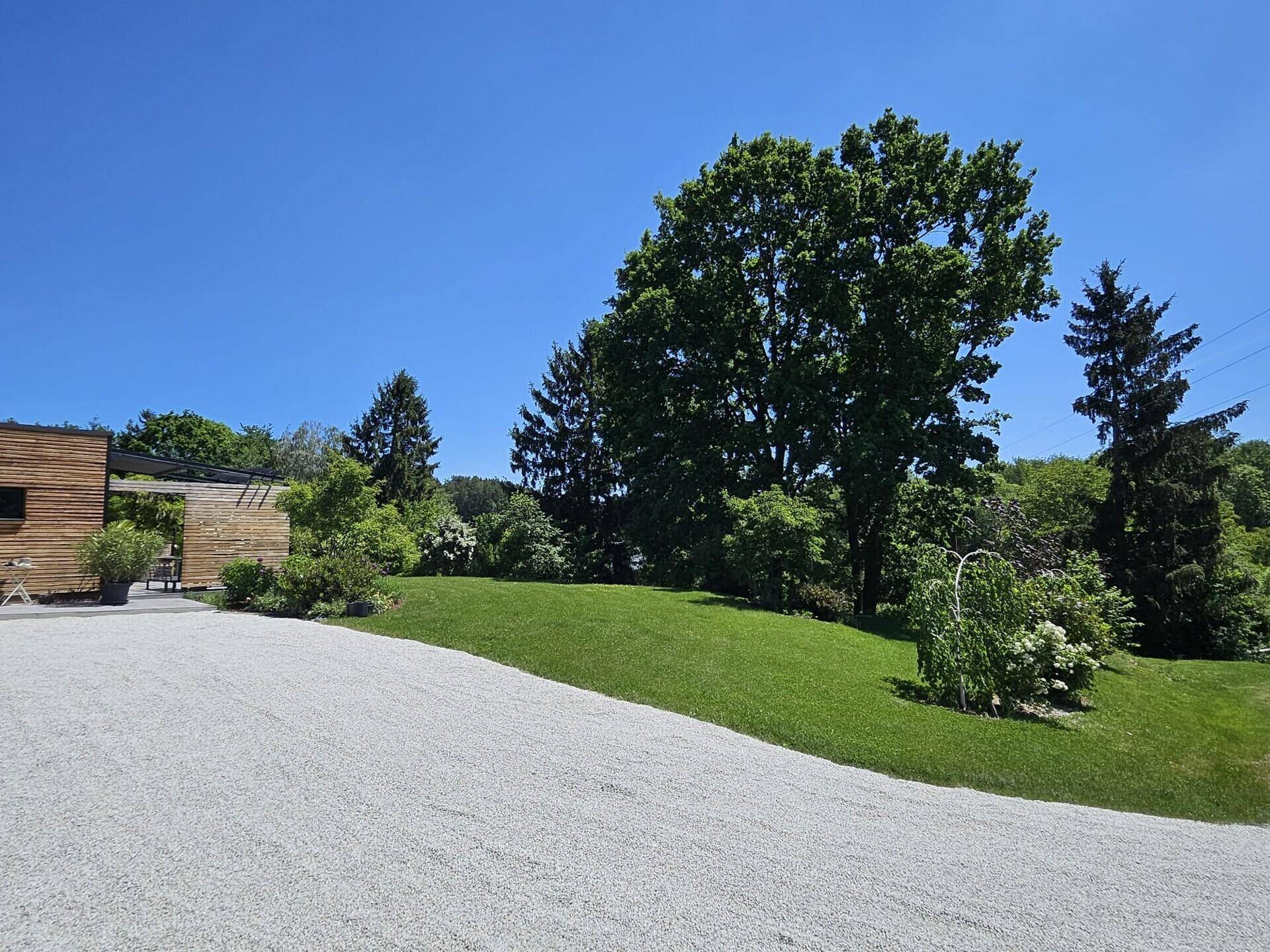 Weitläufiger Gartenbereich mit altem Baumbestand und Kiesauffahrt neben dem modernen Haus.