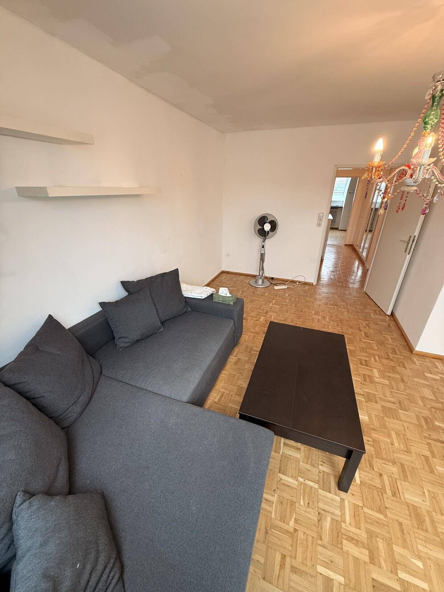 Geräumiger Wohnbereich mit Parkettboden und modernem Sofa, Blick zum Flur.