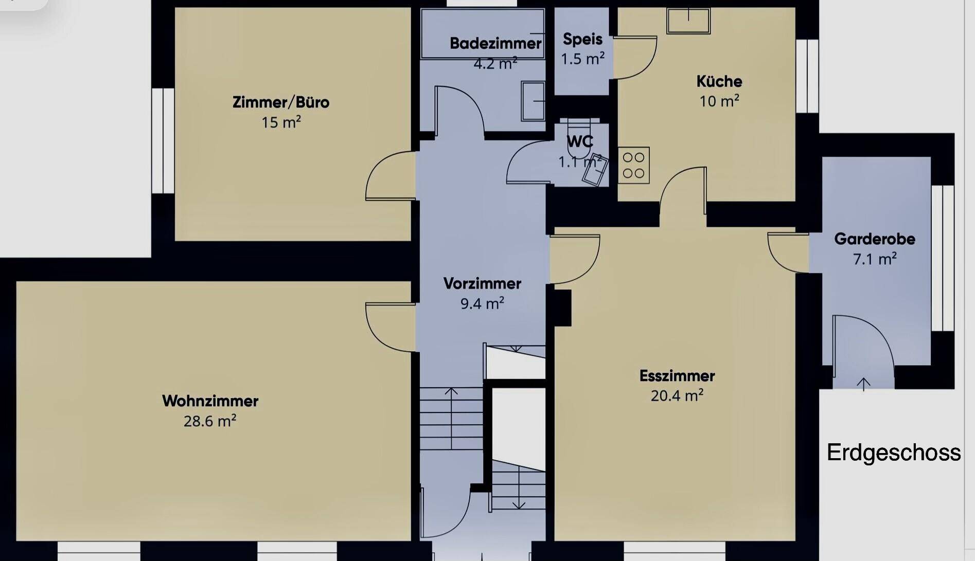 Grundriss des Erdgeschosses mit Wohnzimmer, Esszimmer, Küche und Bad.