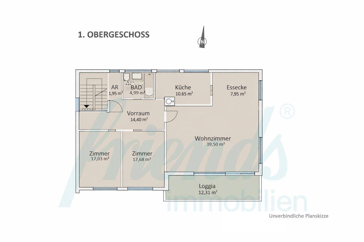 Grundriss des ersten Obergeschosses mit Wohnzimmer, Küche, Essbereich, zwei Zimmern, Bad und Loggia.