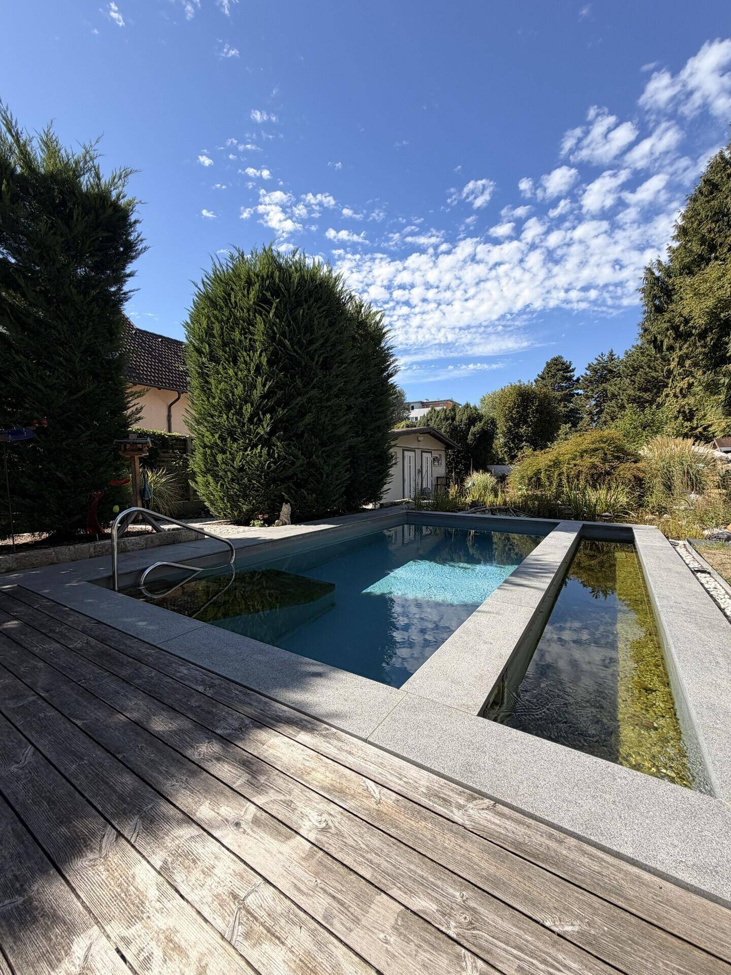 Schwimmbecken und Naturteich im Garten, umgeben von Holzdeck und Steinplatten.