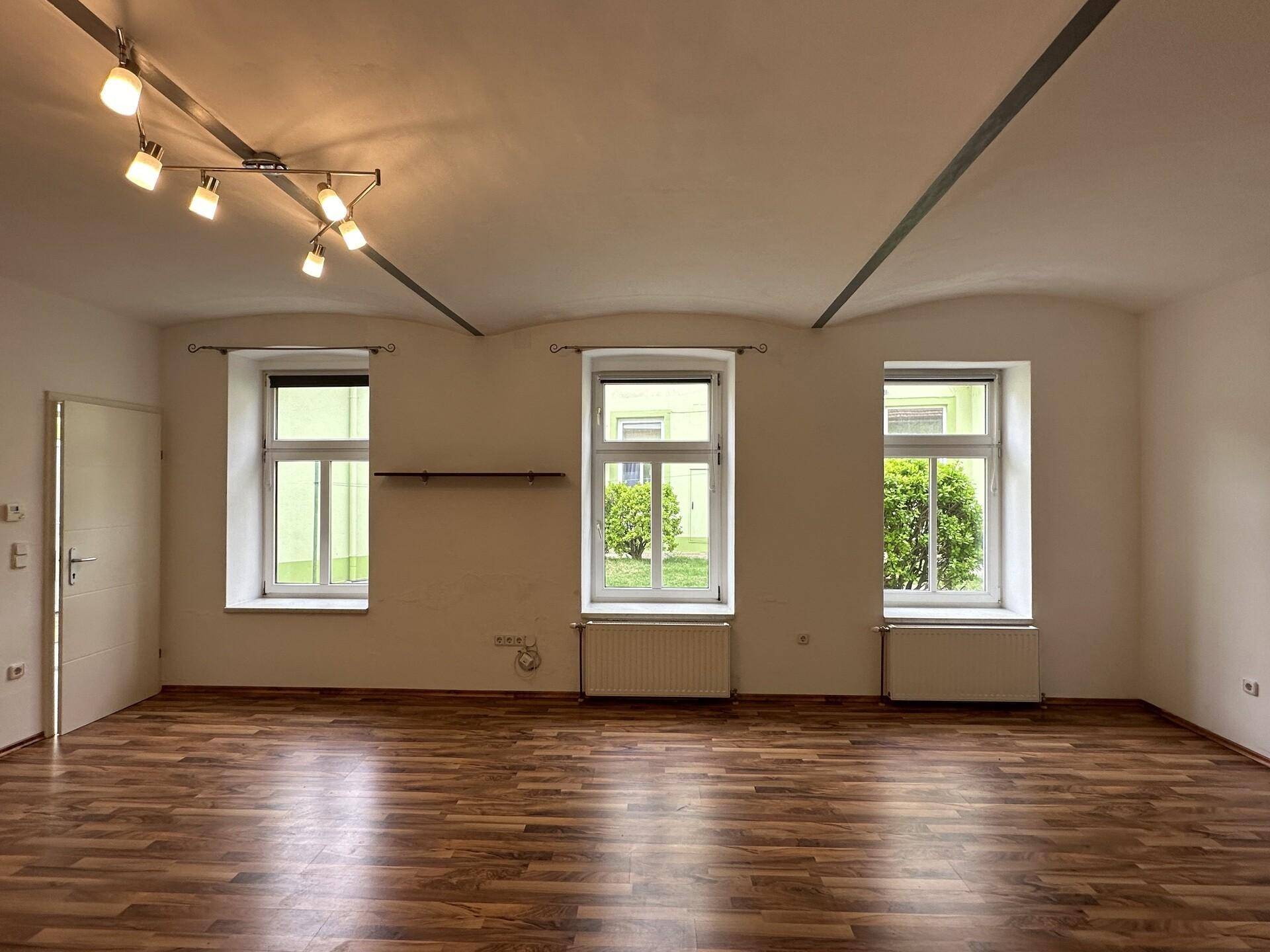 Helles Wohnzimmer mit Holzboden und Heizkörpern unter den Fenstern.