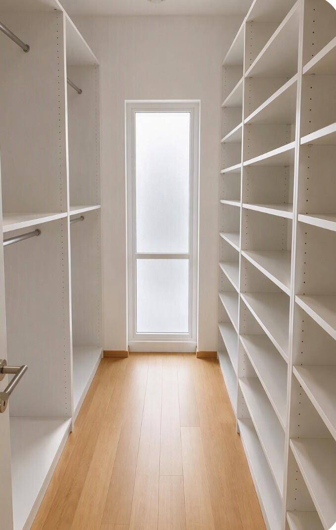 Geräumiger begehbarer Kleiderschrank mit weißen Regalsystemen und Fenster für Tageslicht.
