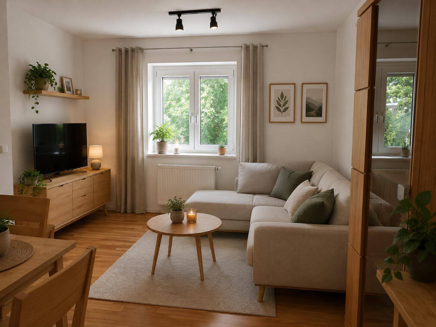 Gemütliches Wohnzimmer mit beigem Ecksofa, Holzboden und Blick ins Grüne.