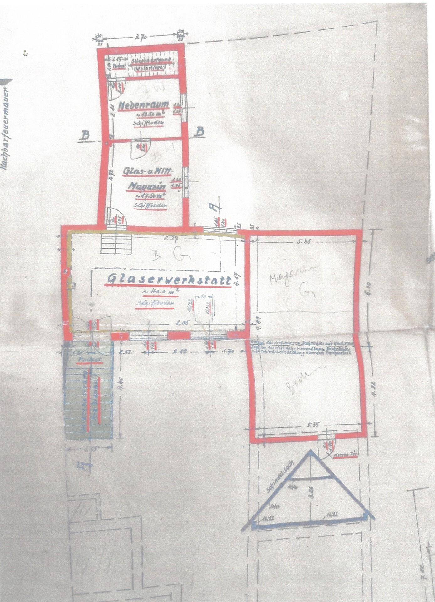 Historischer Grundriss eines Gebäudeteils mit Werkstatt und Nebenräumen.