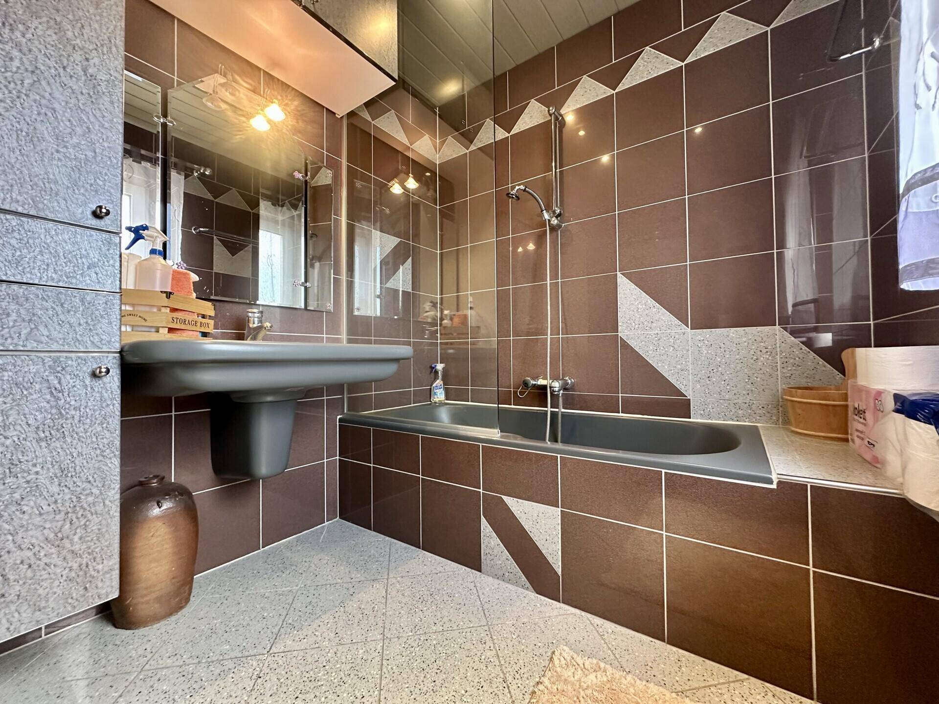 Badezimmer mit braunen Fliesen, Badewanne und Spiegelschrank.