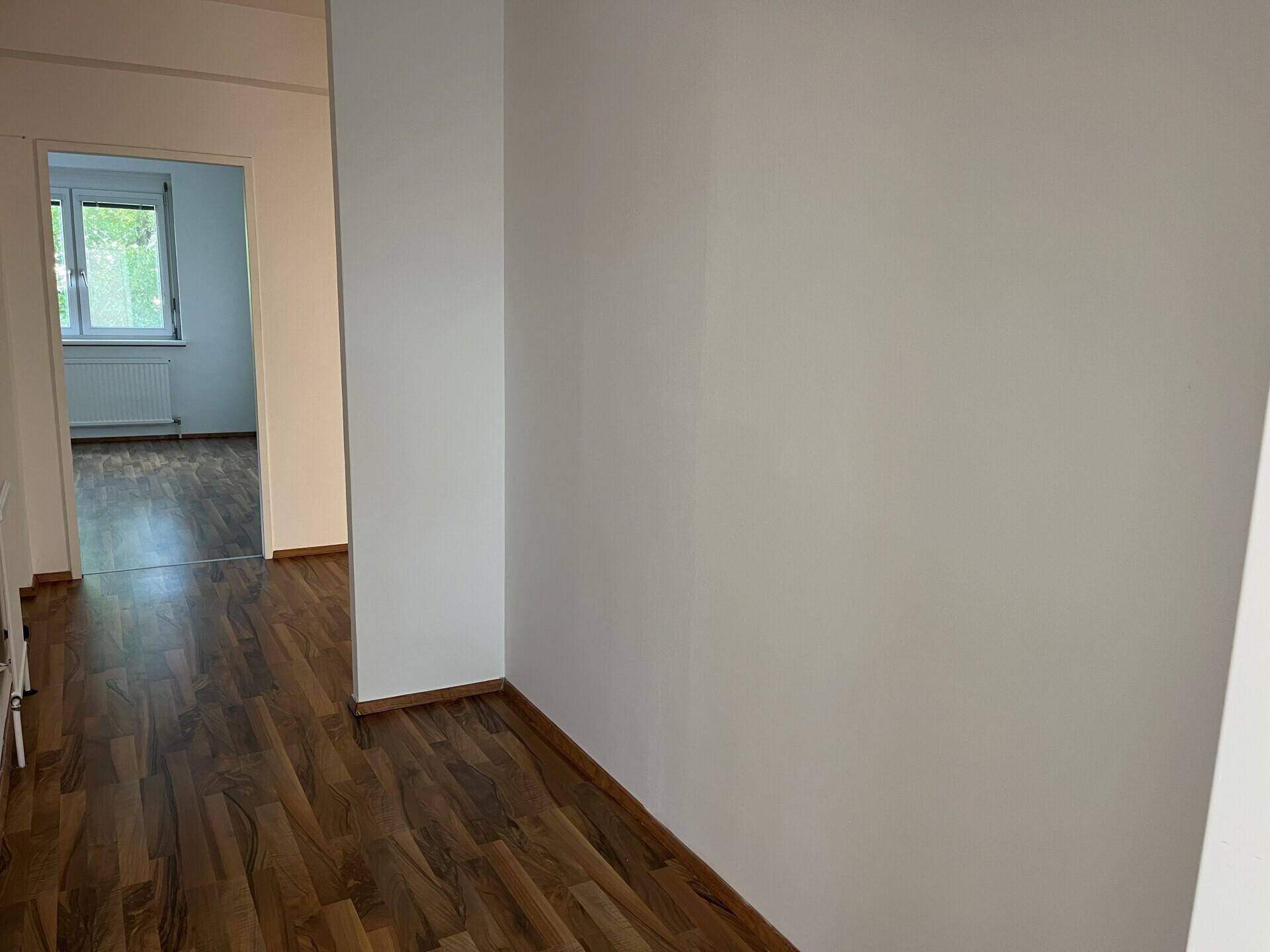Flur mit dunklem Laminatboden, der zu weiteren hellen Räumen mit Fenstern führt.