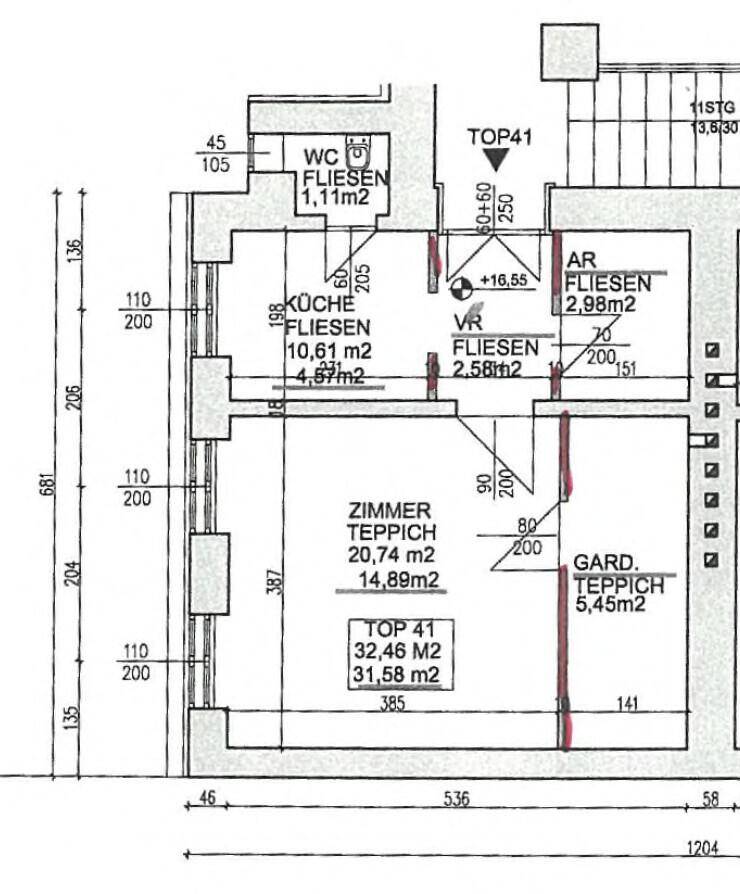 Grundriss einer Wohnung mit separatem WC, Küche, Zimmer und Garderobe, inklusive Flächenangaben.