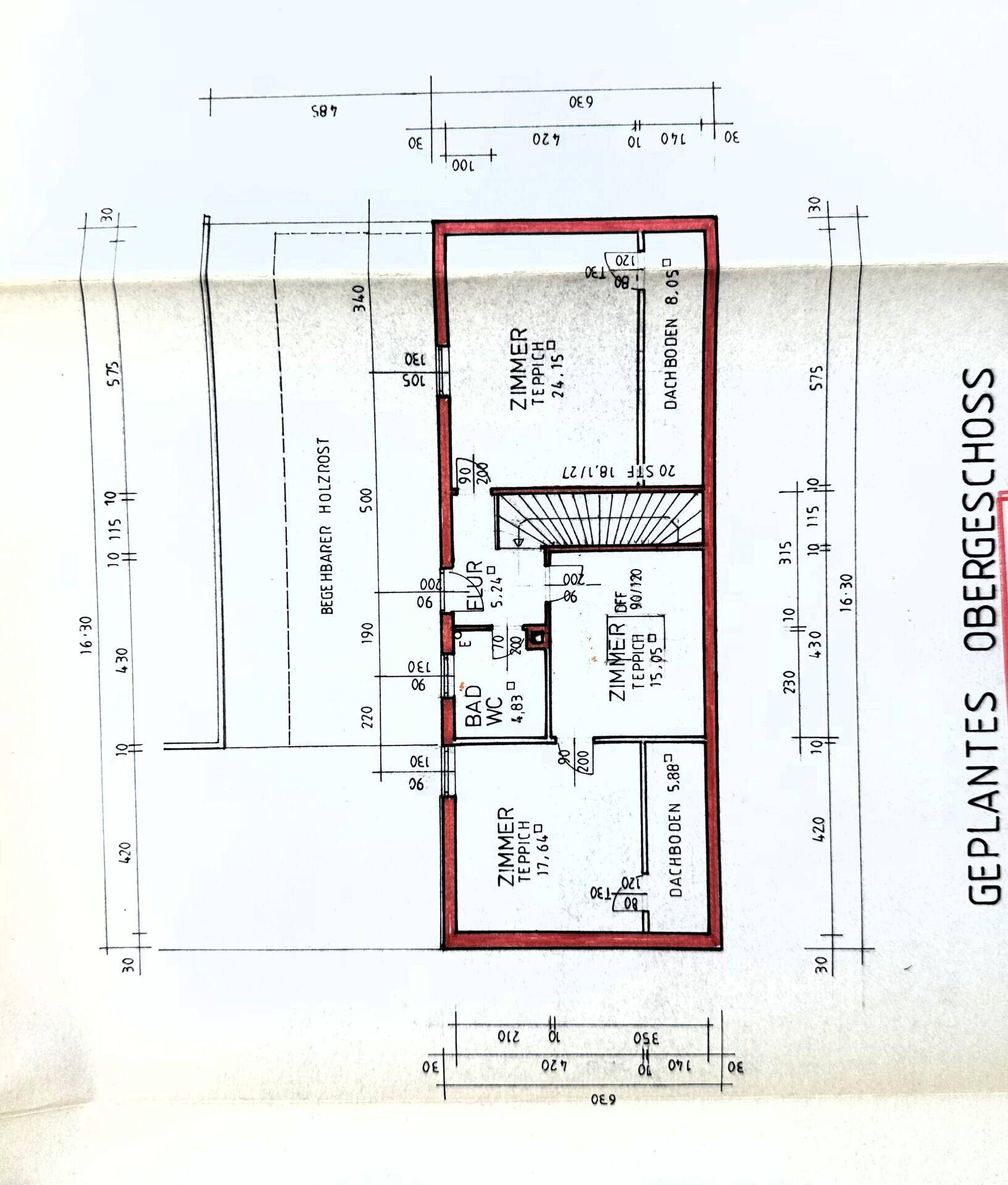 Grundriss des Obergeschosses mit Schlafzimmern, Bad und Flur.