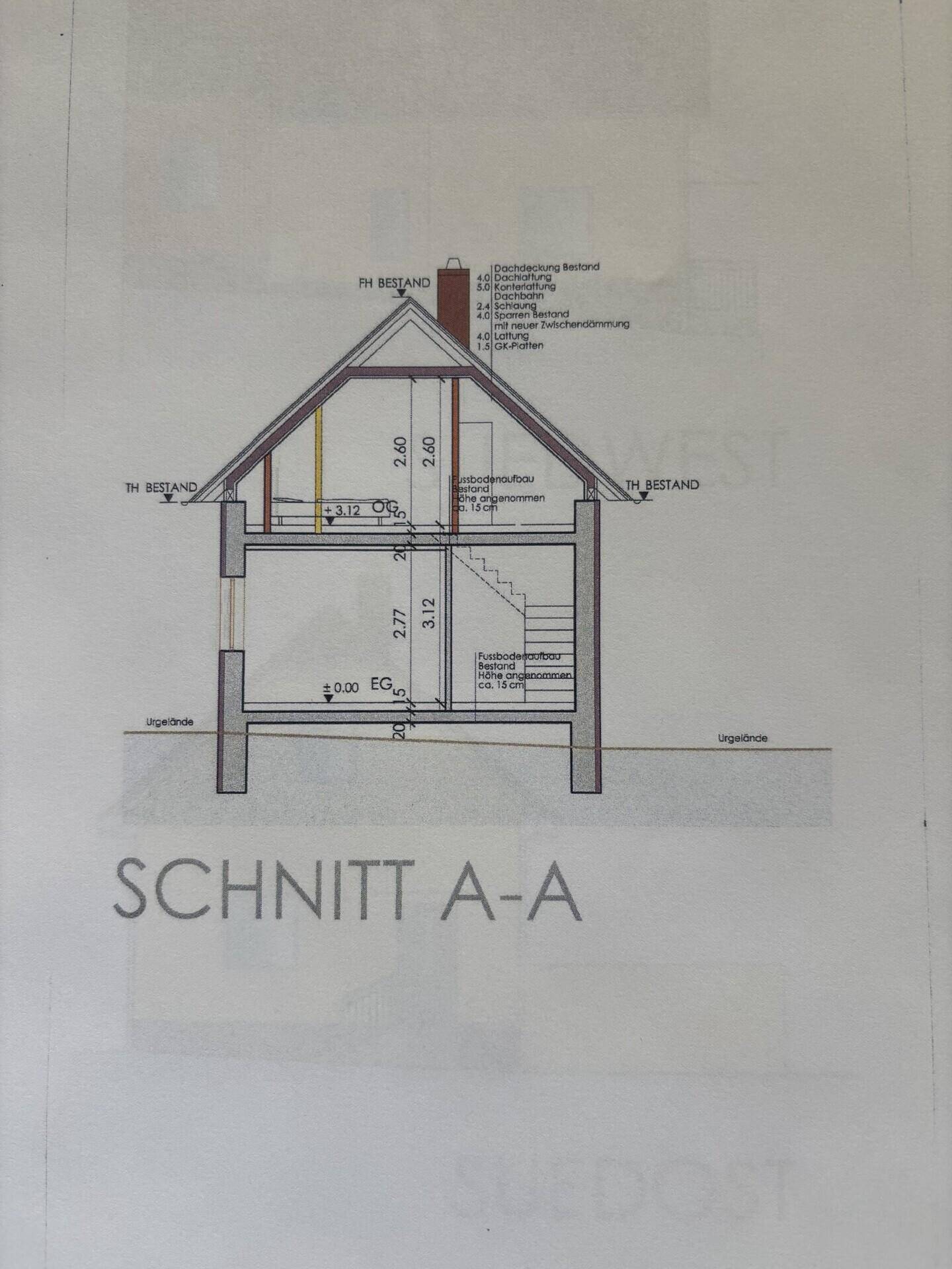 Schnittzeichnung des Hauses mit Höhenangaben und Dachkonstruktion.