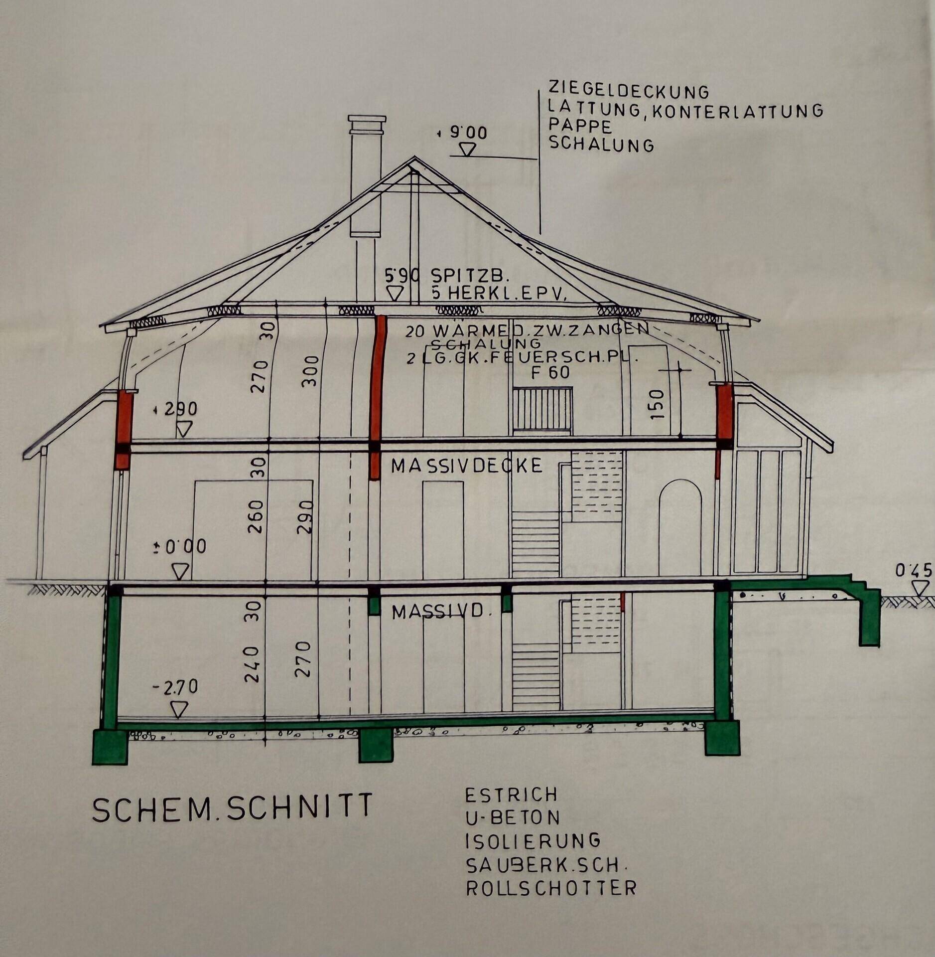 Schematischer Schnitt durch das Gebäude zeigt Massivdecken und Dachkonstruktion.