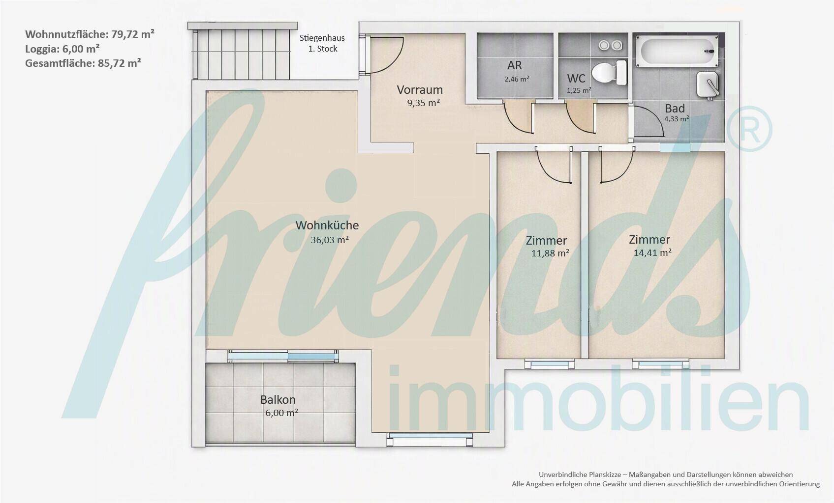 Detaillierter Grundriss der Wohnung mit Wohnküche, zwei Zimmern und Balkon.