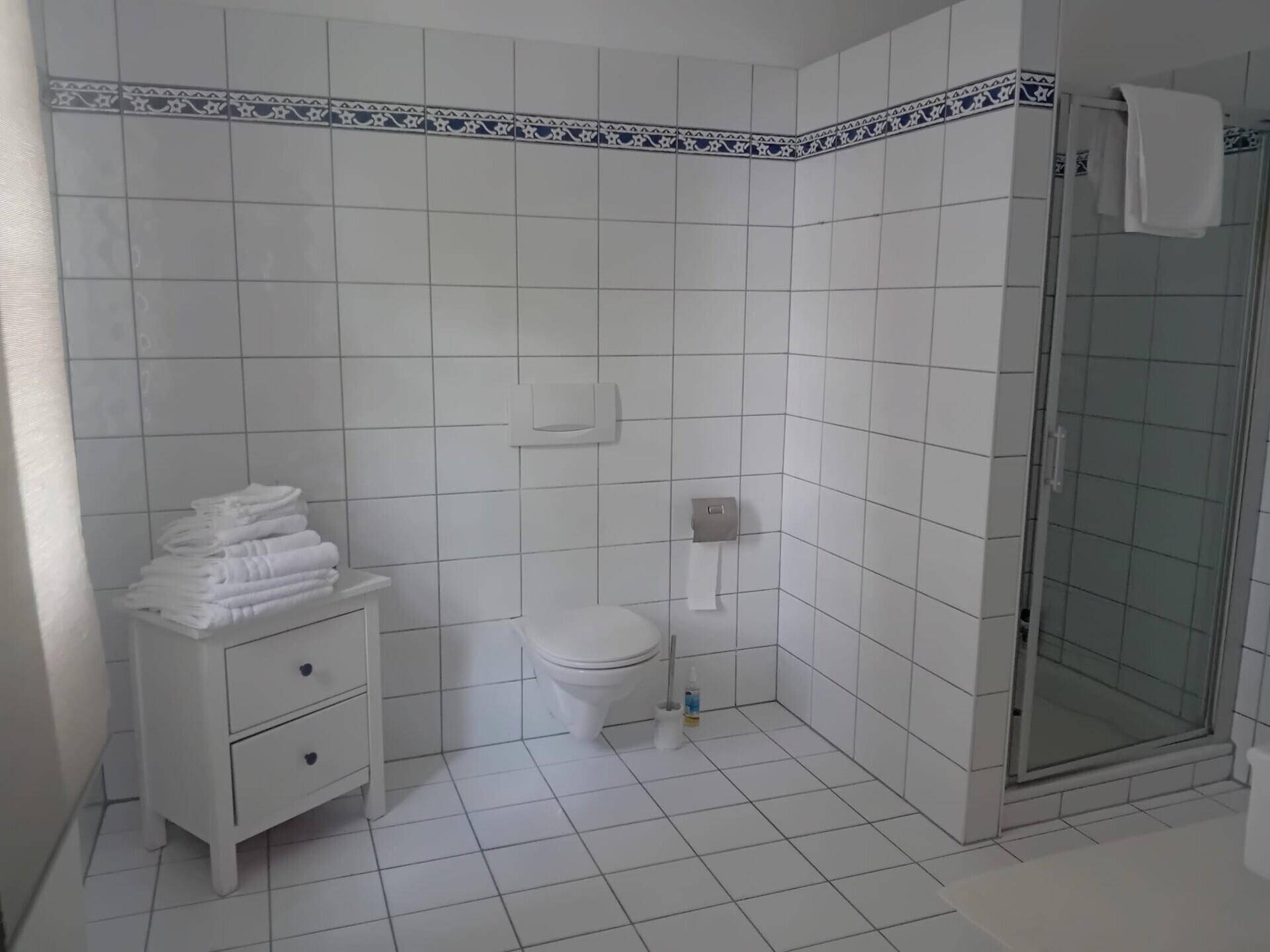 Helles Badezimmer mit Duschkabine, Toilette und weißen Fliesen, schlichtes Design.