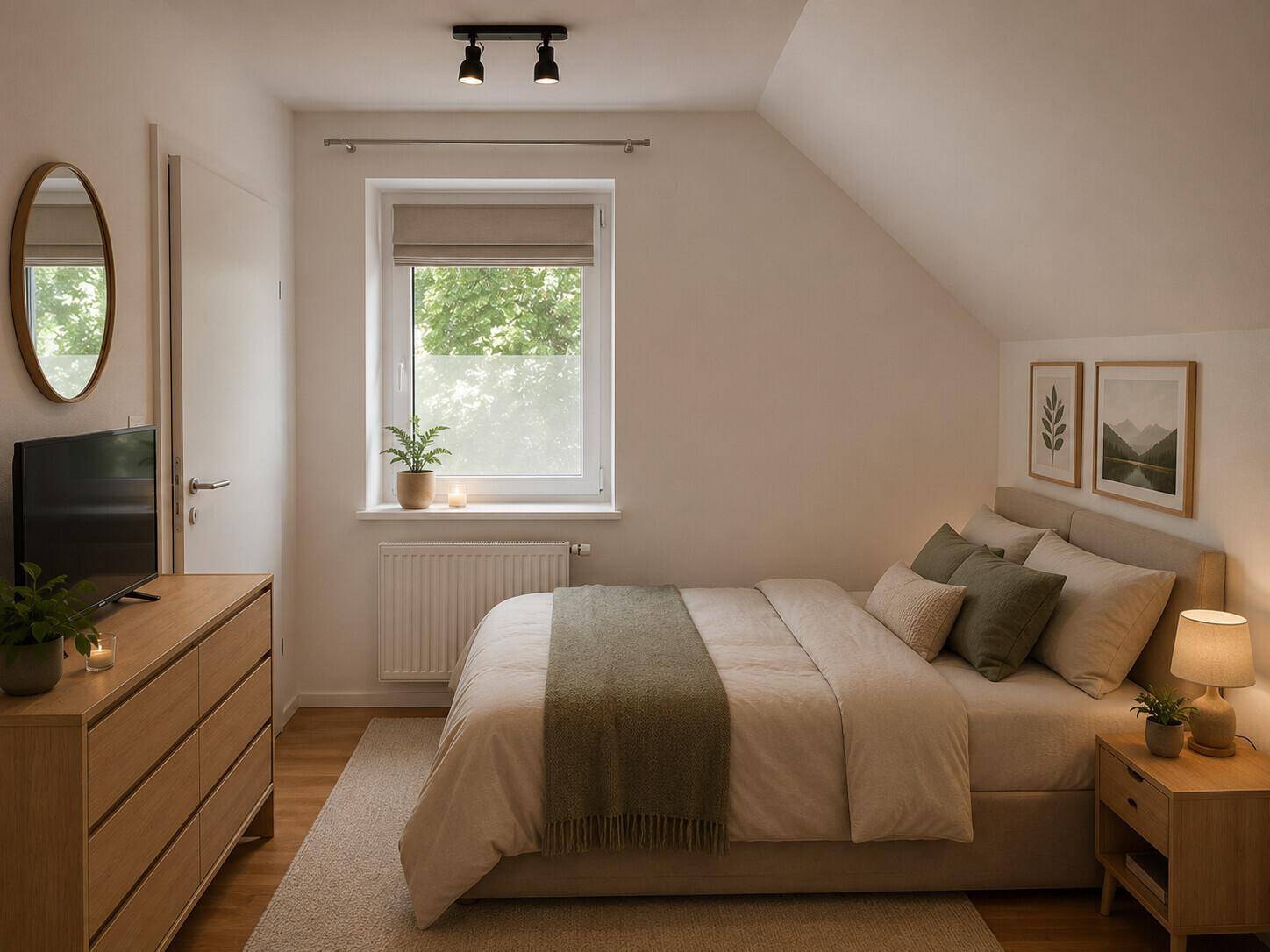 Helles Schlafzimmer mit Dachschräge, Holzboden und Blick ins Grüne.