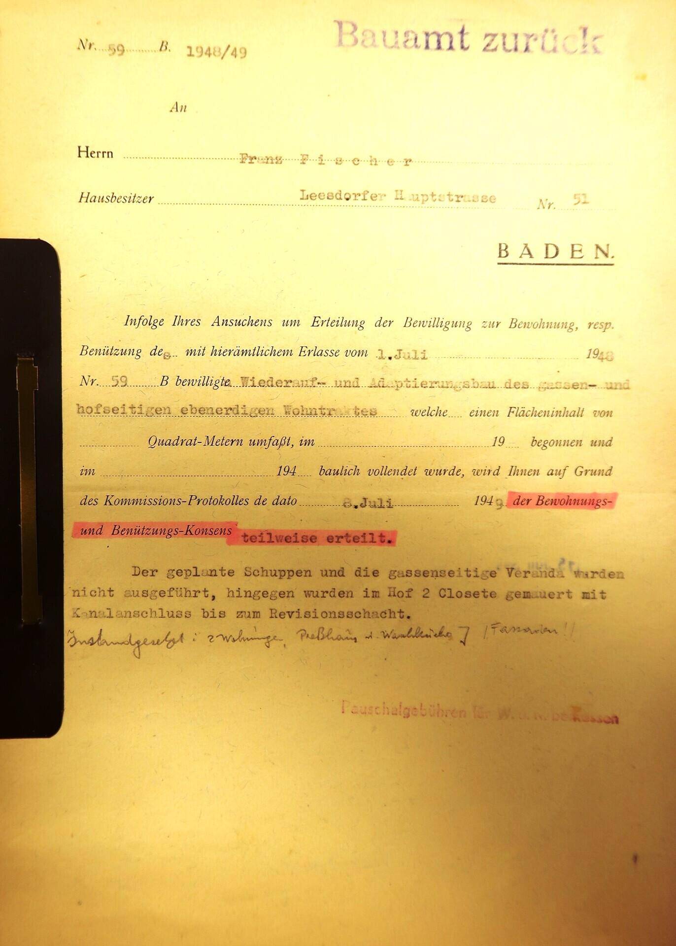Benützungsbewilligung 1949