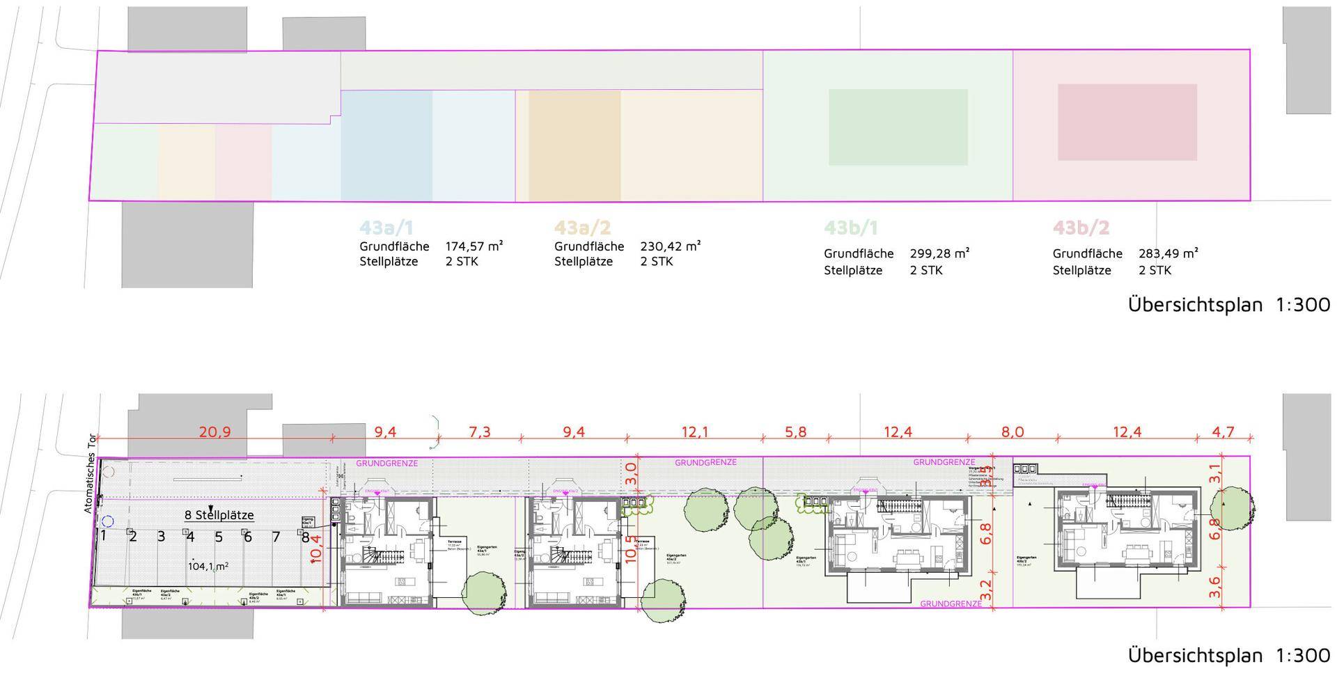 Übersichtsplan der Grundstücksaufteilung mit verschiedenen Hausgrundrissen und Stellplätzen.