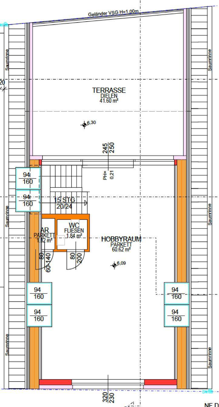 Grundriss des Dachgeschosses mit großem Hobbyraum, WC und weitläufiger Terrasse.