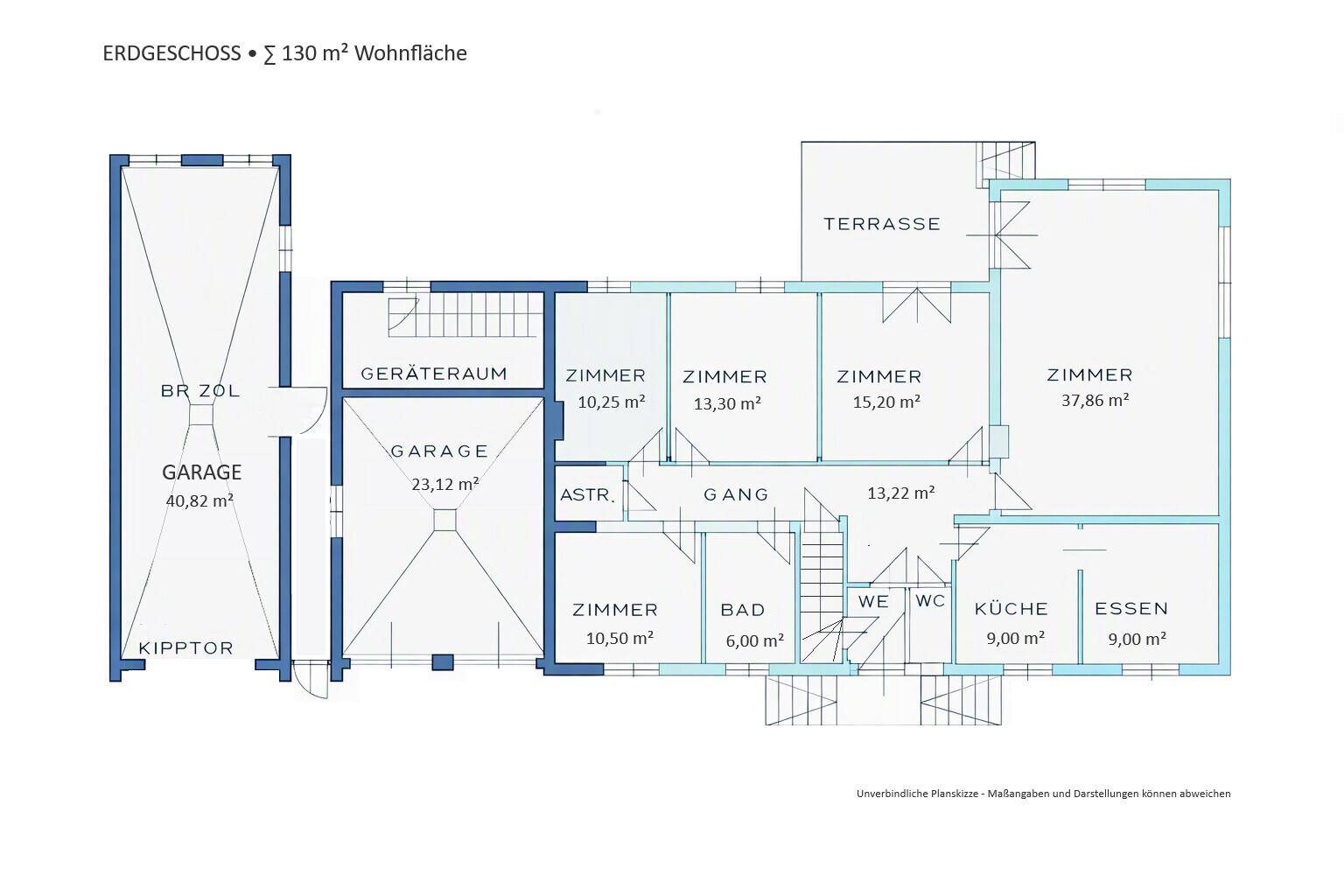 Grundriss des Erdgeschosses mit Wohnfläche, Garage und Terrasse.
