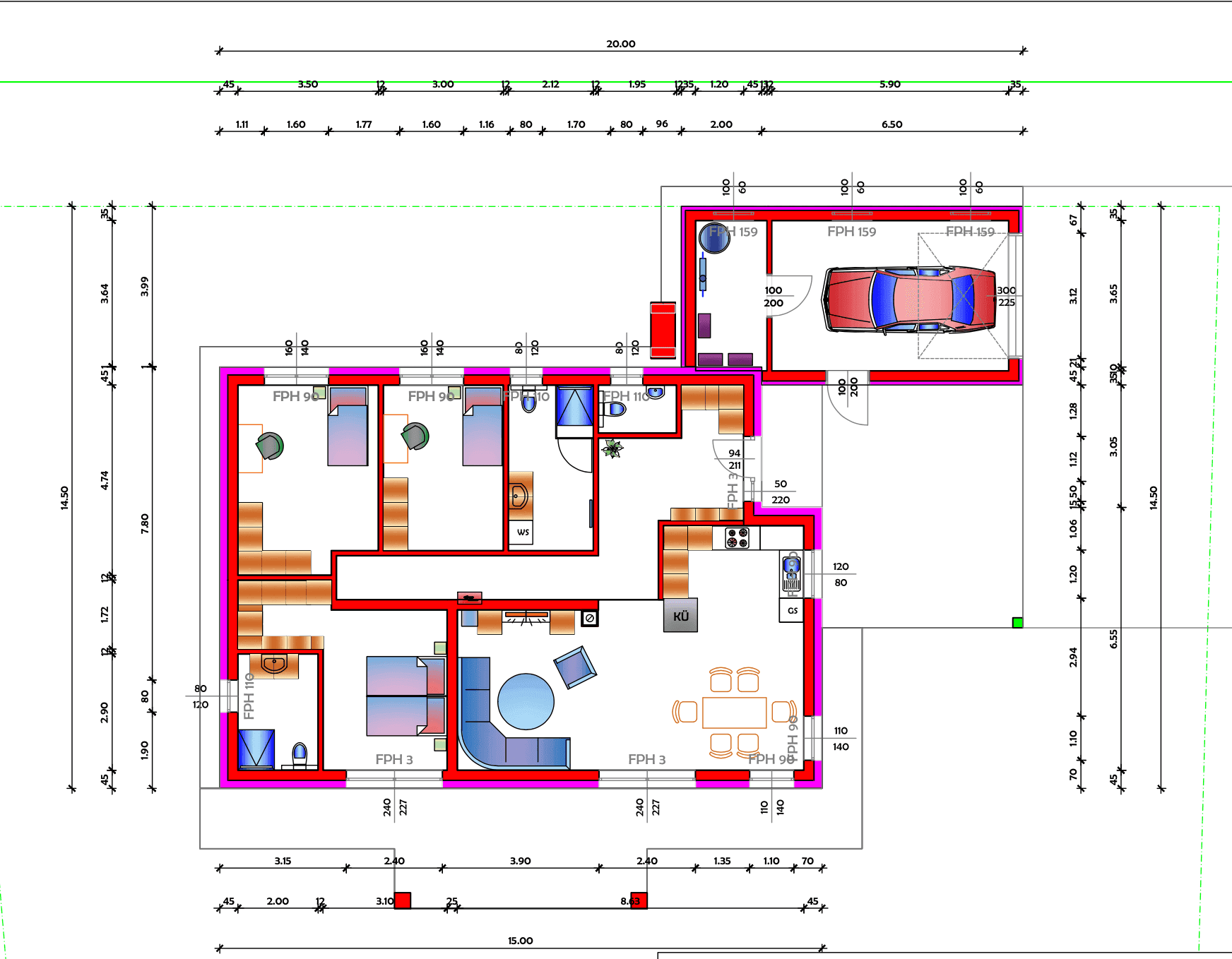 Detaillierter Grundriss des Hauses mit Raumaufteilung, Garage und Außenmaßen.