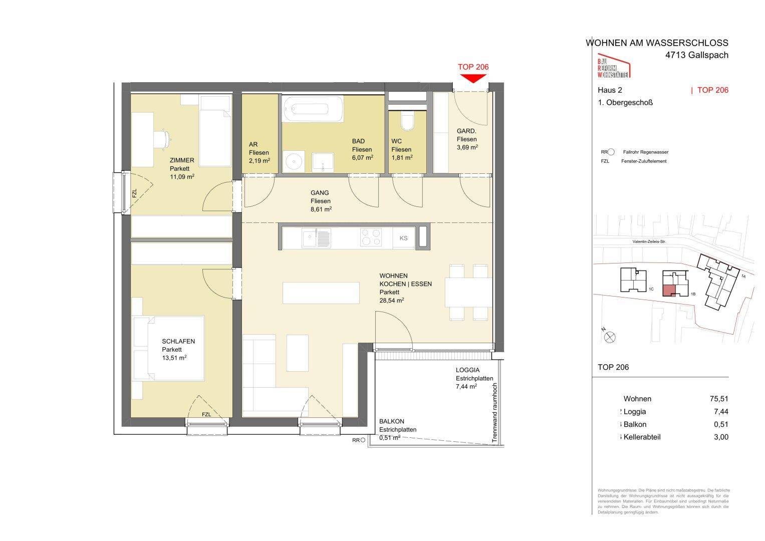 Grundriss einer Wohnung mit offenem Wohn-, Koch- und Essbereich sowie Loggia und Balkon.